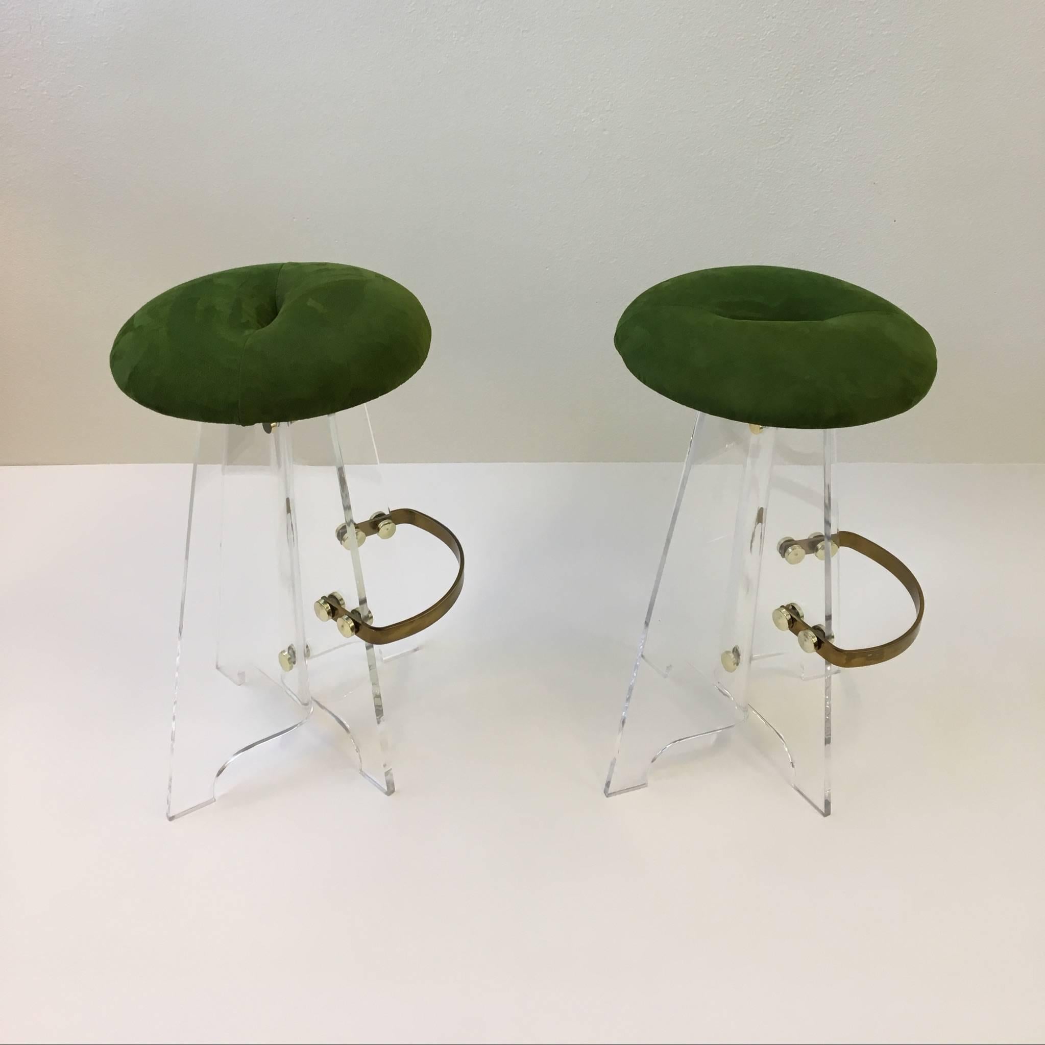 American Pair of Acrylic and Suede Leather Swivel Barstools