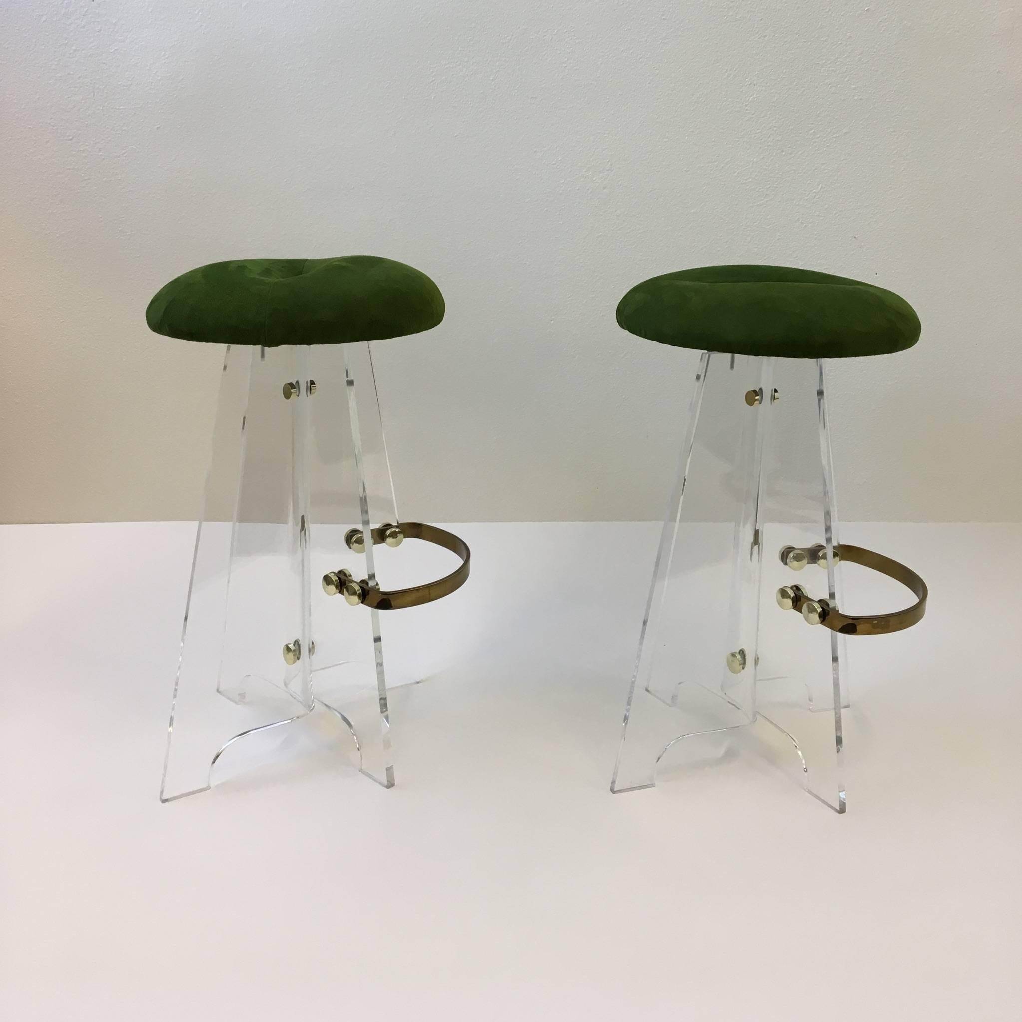 Pair of Acrylic and Suede Leather Swivel Barstools 1
