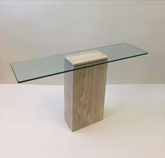 Italy Travertine and Glass Console Table