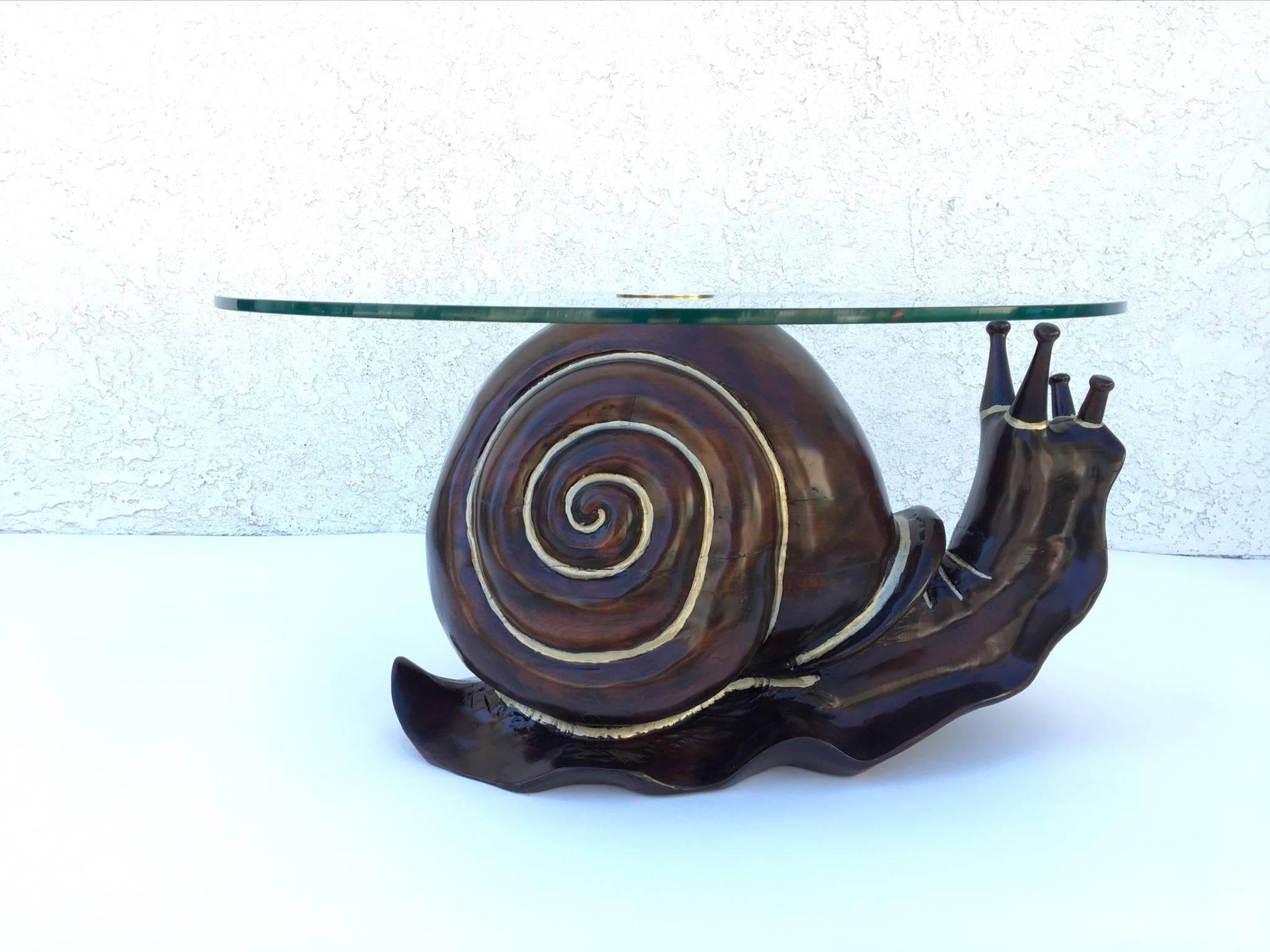 Mid-Century Modern Carved Pinewood and Glass Snail Cocktail Table by Federico Armijo