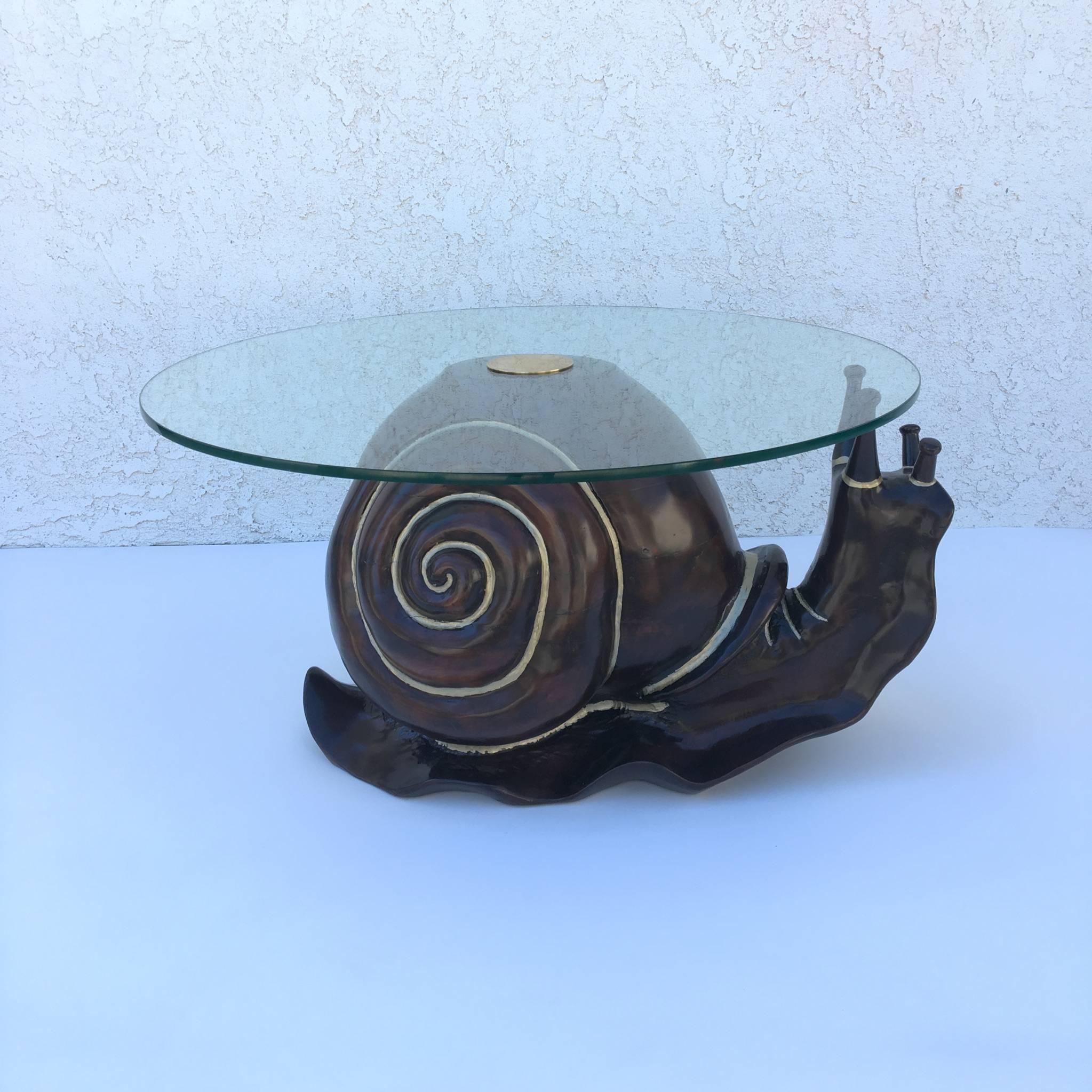 Late 20th Century Carved Pinewood and Glass Snail Cocktail Table by Federico Armijo