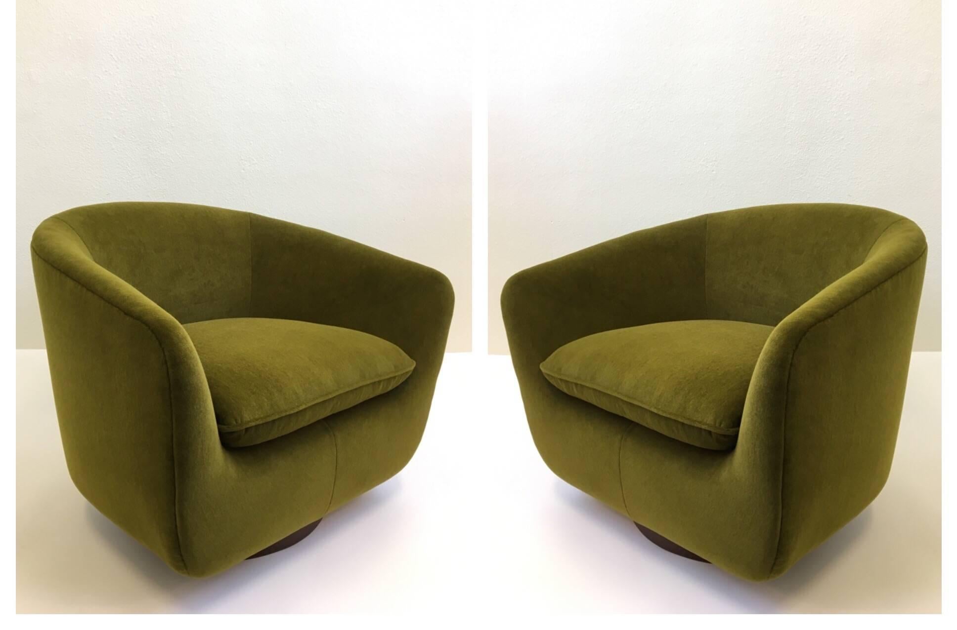 Pair of Mohair and Walnut Swivel Lounge Chairs by Edward Wormley 2