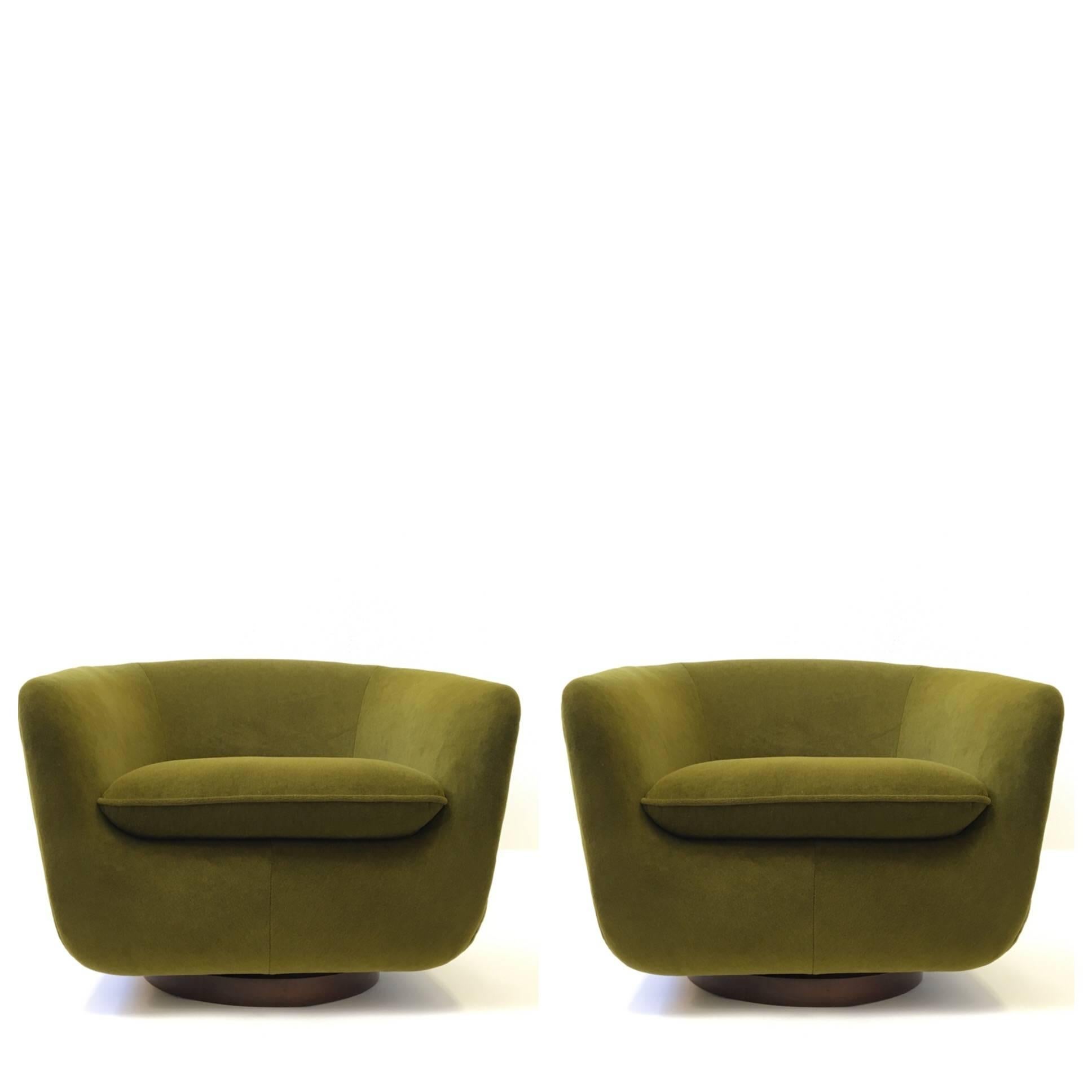 Pair of Mohair and Walnut Swivel Lounge Chairs by Edward Wormley 3