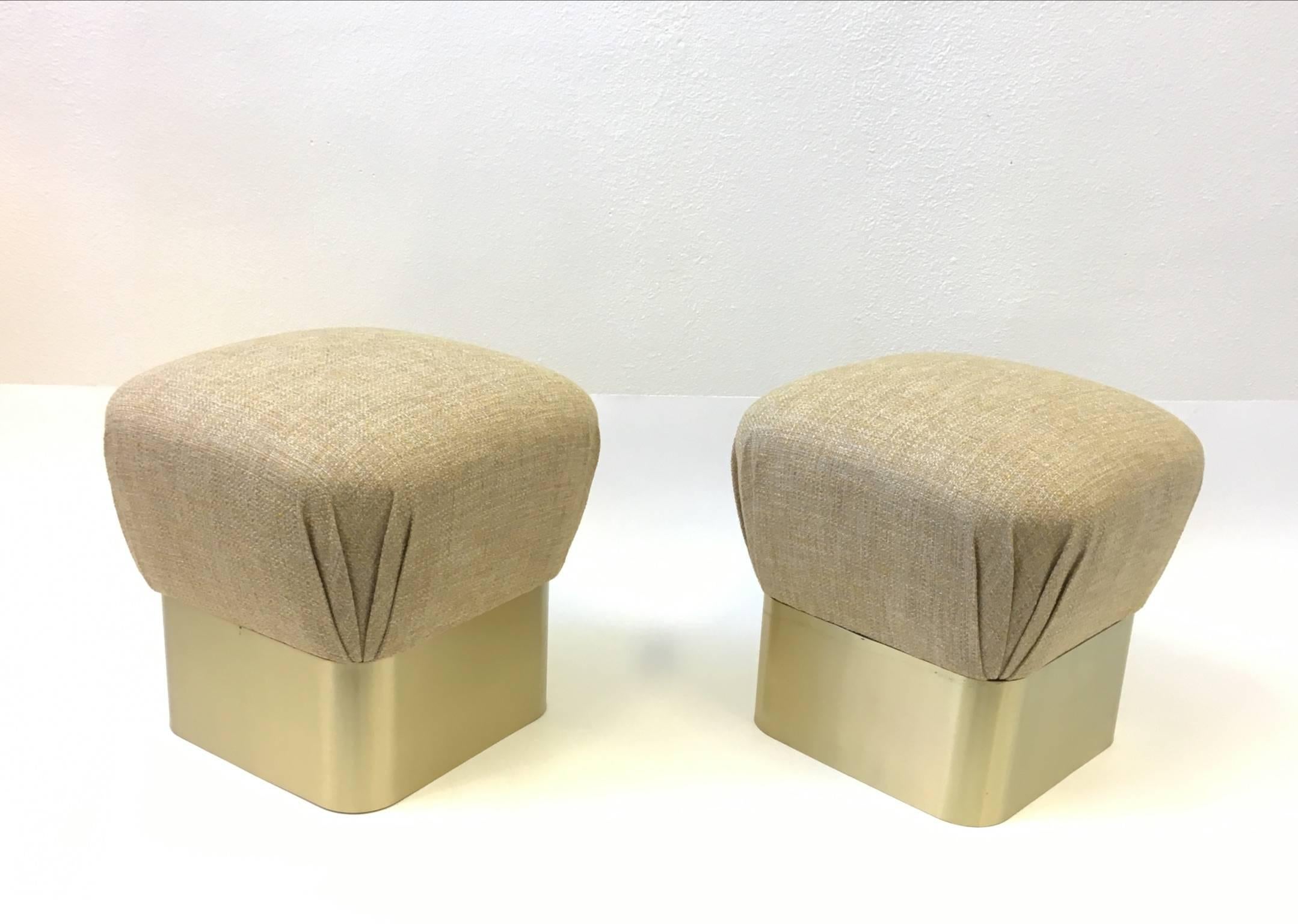 American Pair of Satin Brass Poufs by Sally Sirkin Lewis for J Robert Scott