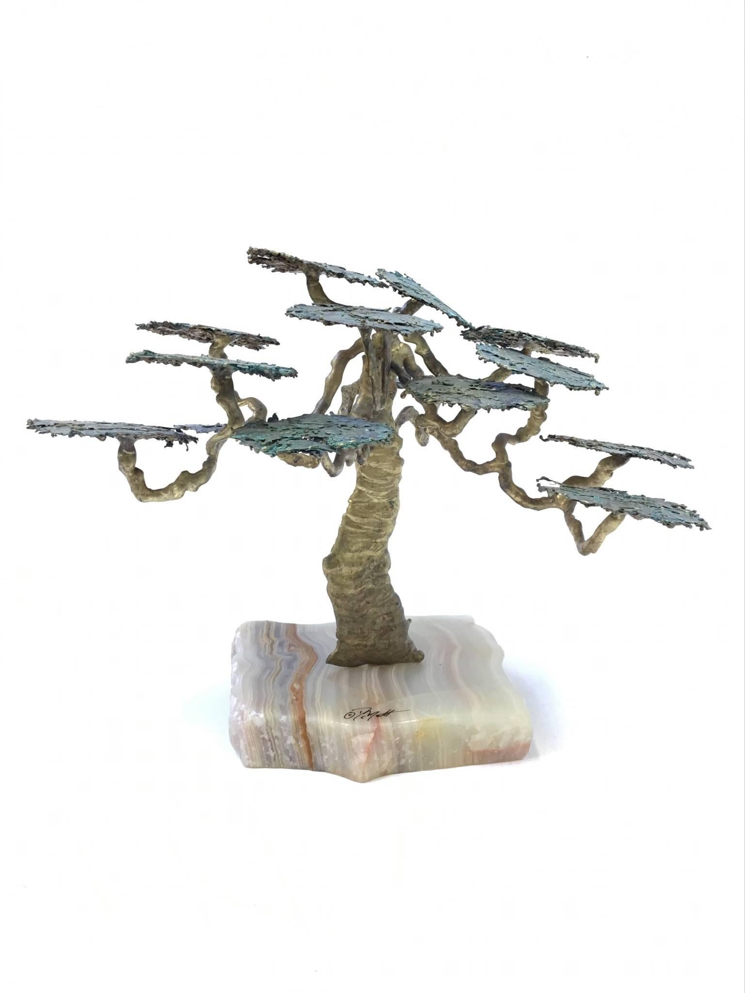 A beautiful bronze Monterey Cypress tree sculpture by John Demott.
The base is quarts and is signed Demott. 
Dim: 11