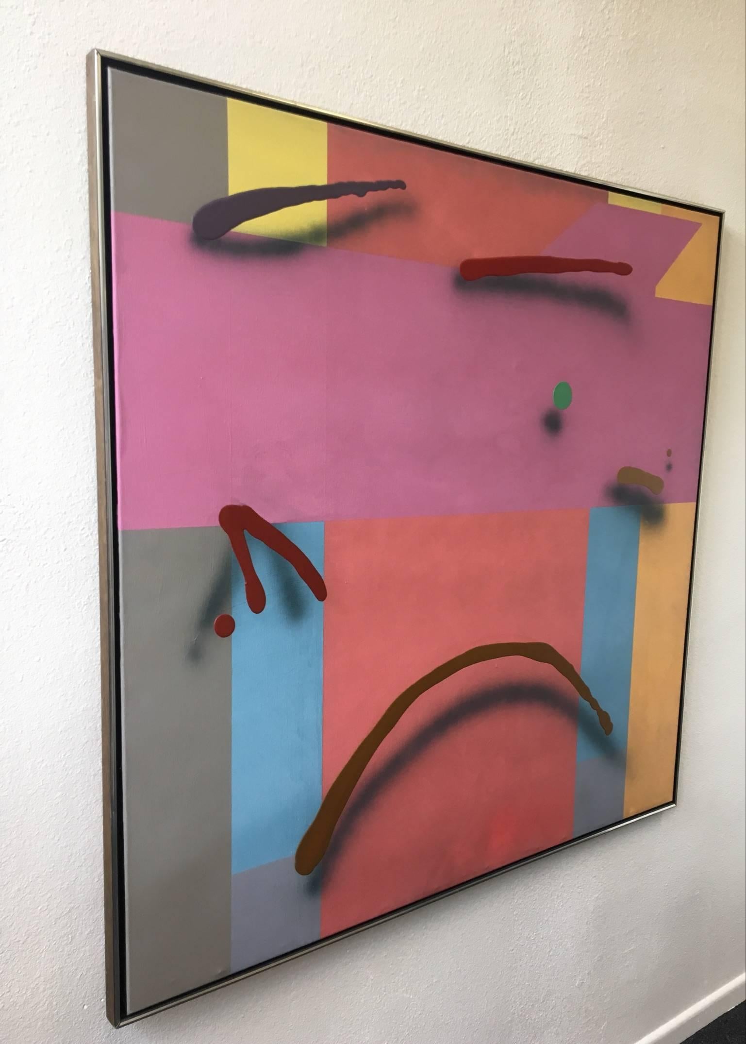 An original oil on canvas abstract painting from the 1980s by R. Weston.
The frame is original to the period.
The painting is signed Weston on the lower centre of the painting.