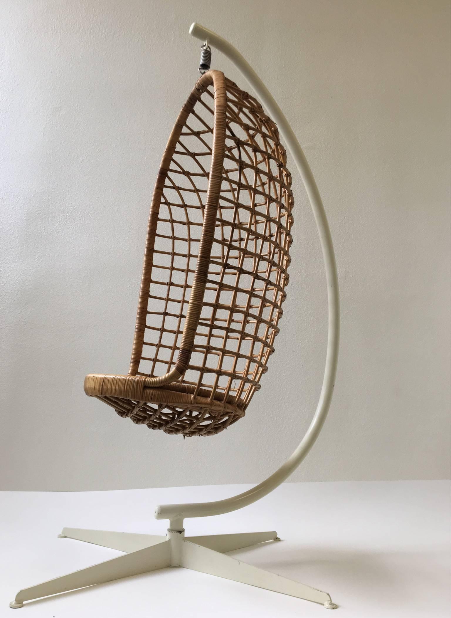 Mid-Century Modern 1970s Rattan and Iron Hanging Chair