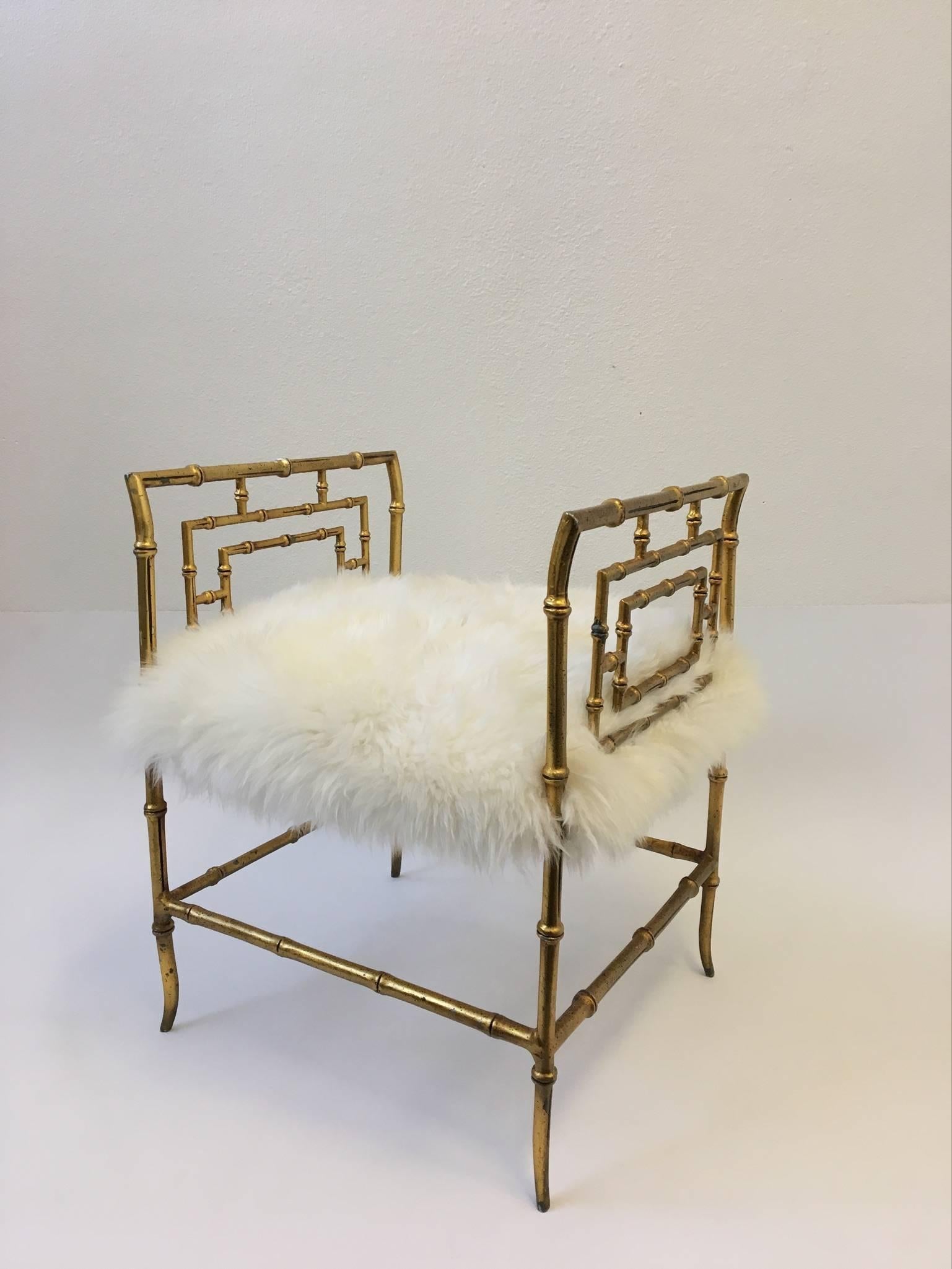 Hollywood Regency Gilded Faux Bamboo and Sheepskin Stool