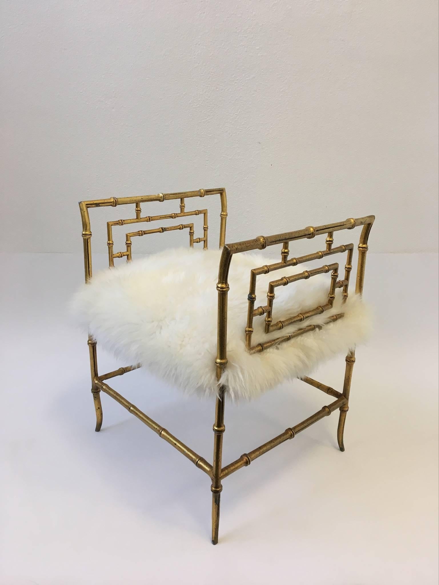 Gilded Faux Bamboo and Sheepskin Stool In Excellent Condition In Palm Springs, CA