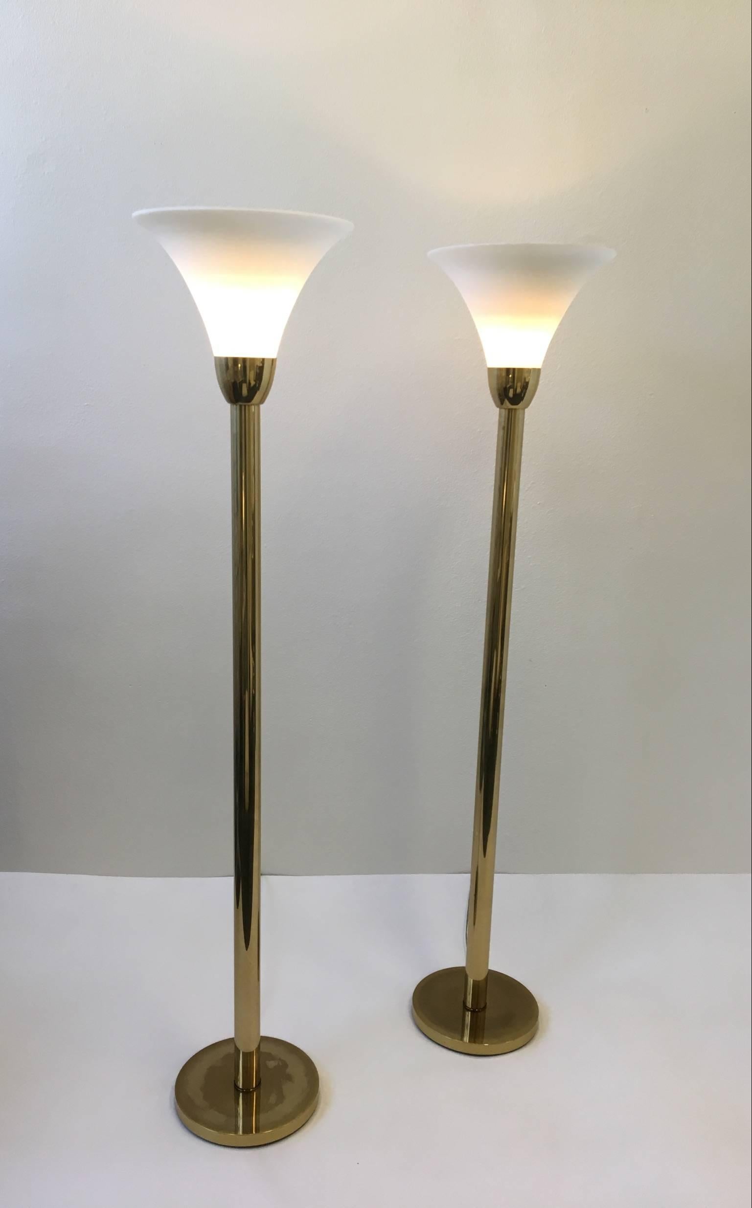 Rare Pair of Brass and Frosted Glass Torchiere by Nessen Studios 3