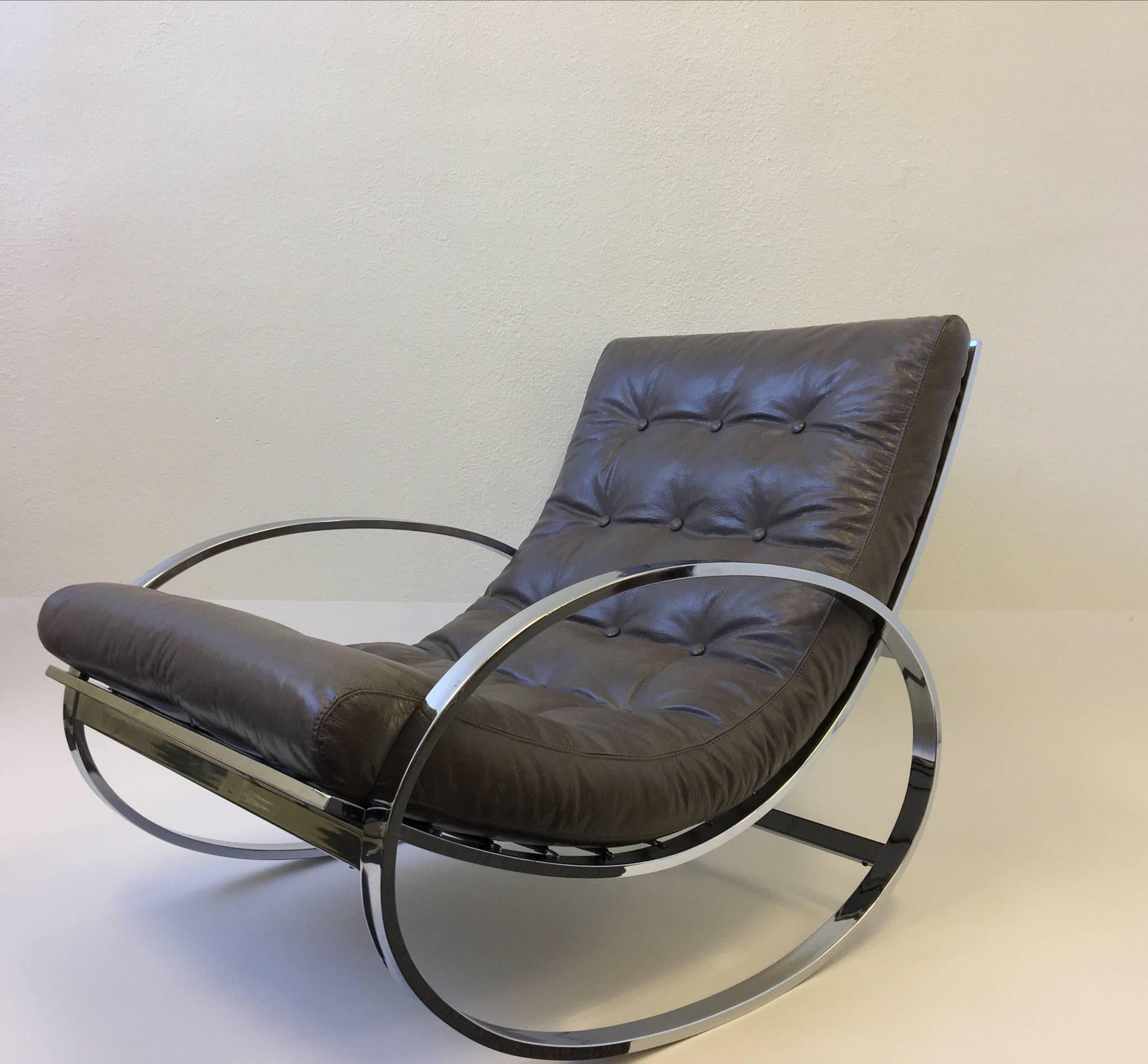 Mid-Century Modern Chrome and Leather Rocking Chair and Ottoman by Renato Zevi