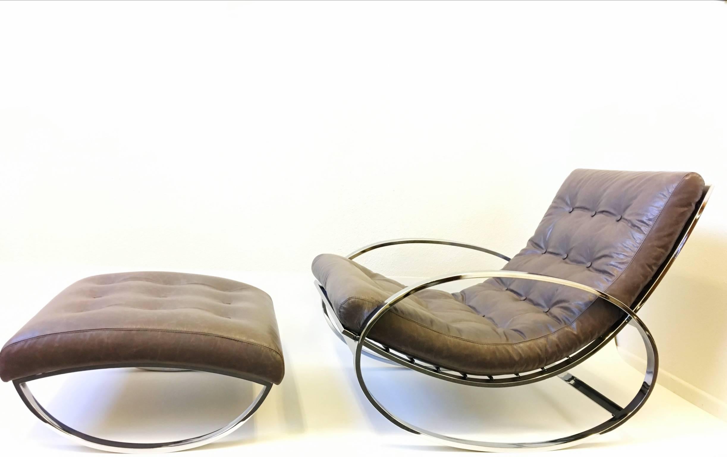 Mid-20th Century Chrome and Leather Rocking Chair and Ottoman by Renato Zevi