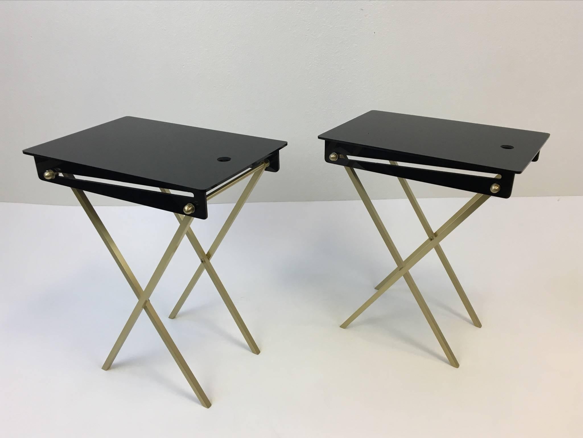 Mid-Century Modern Set of Four Brass and Acrylic Cocktail Tray Tables by Charles Hollis Jones