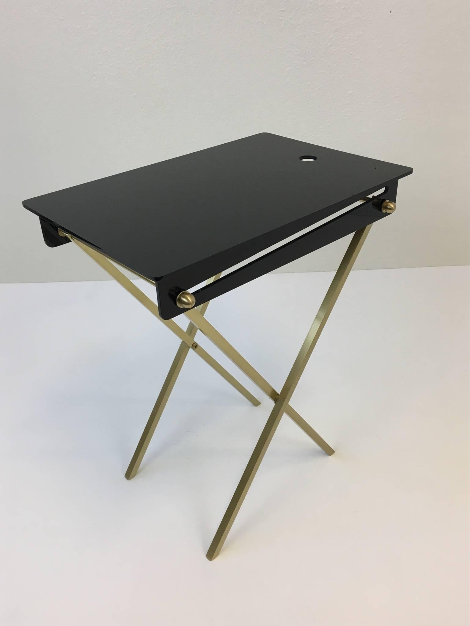 Brushed Set of Four Brass and Acrylic Cocktail Tray Tables by Charles Hollis Jones