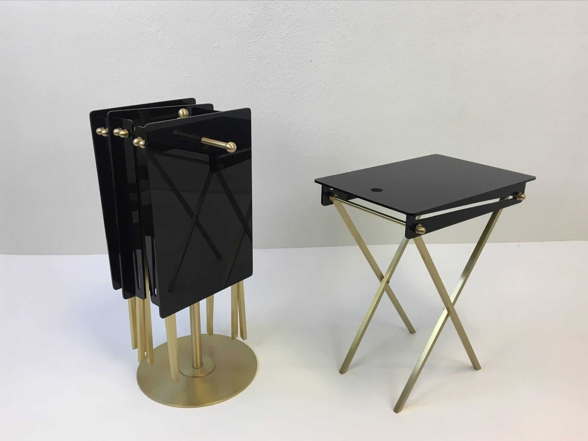 Set of Four Brass and Acrylic Cocktail Tray Tables by Charles Hollis Jones 1