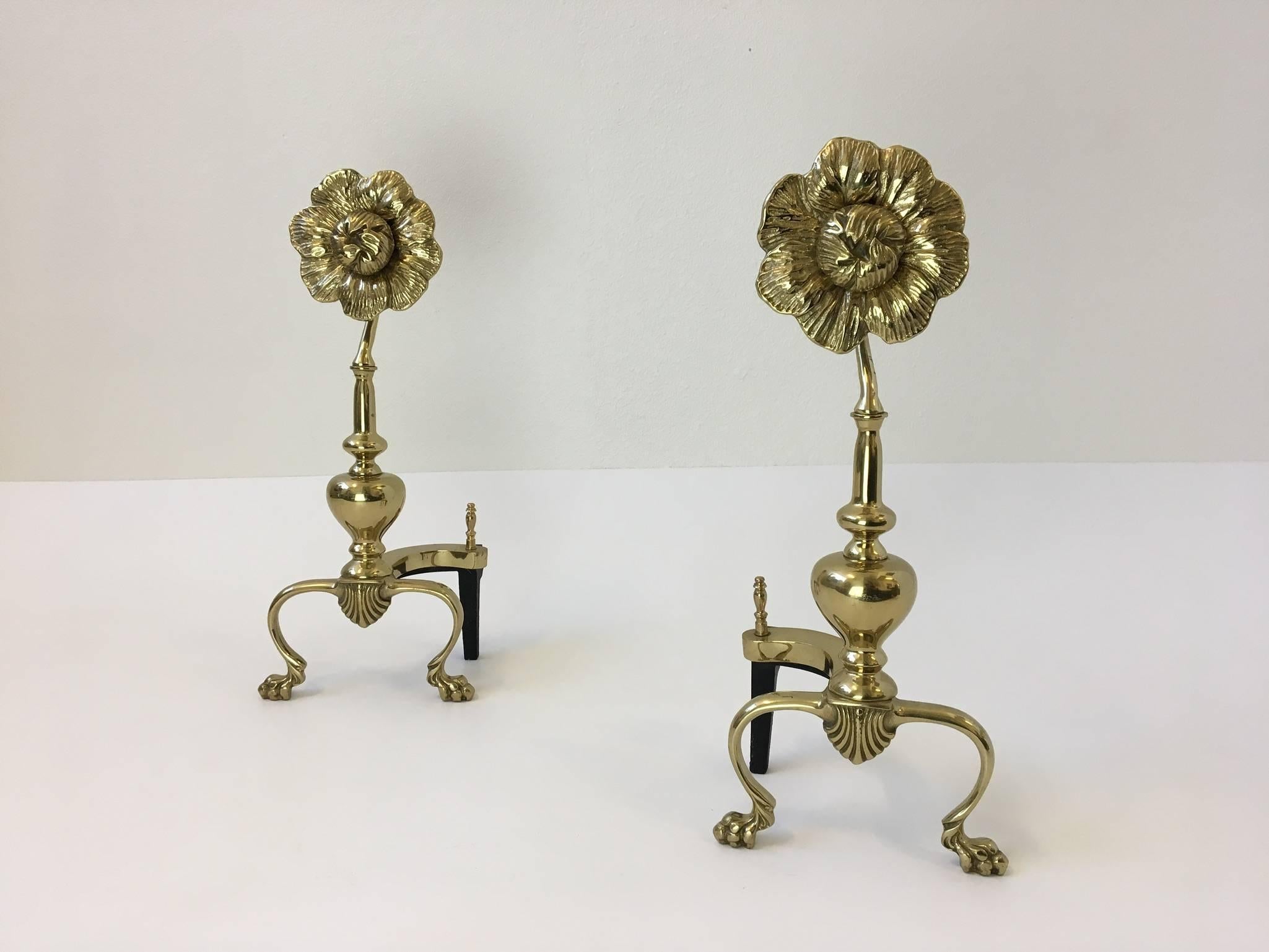 Hollywood Regency Pair of Polished Brass Flower Andirons