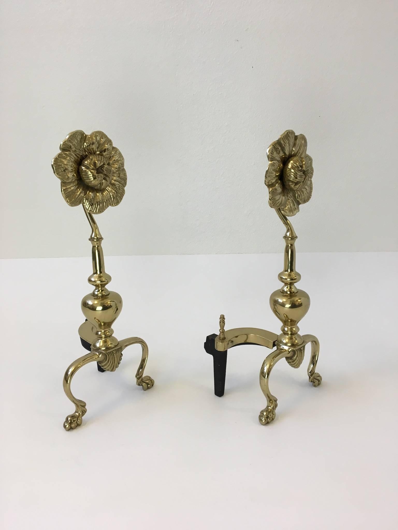 Unknown Pair of Polished Brass Flower Andirons
