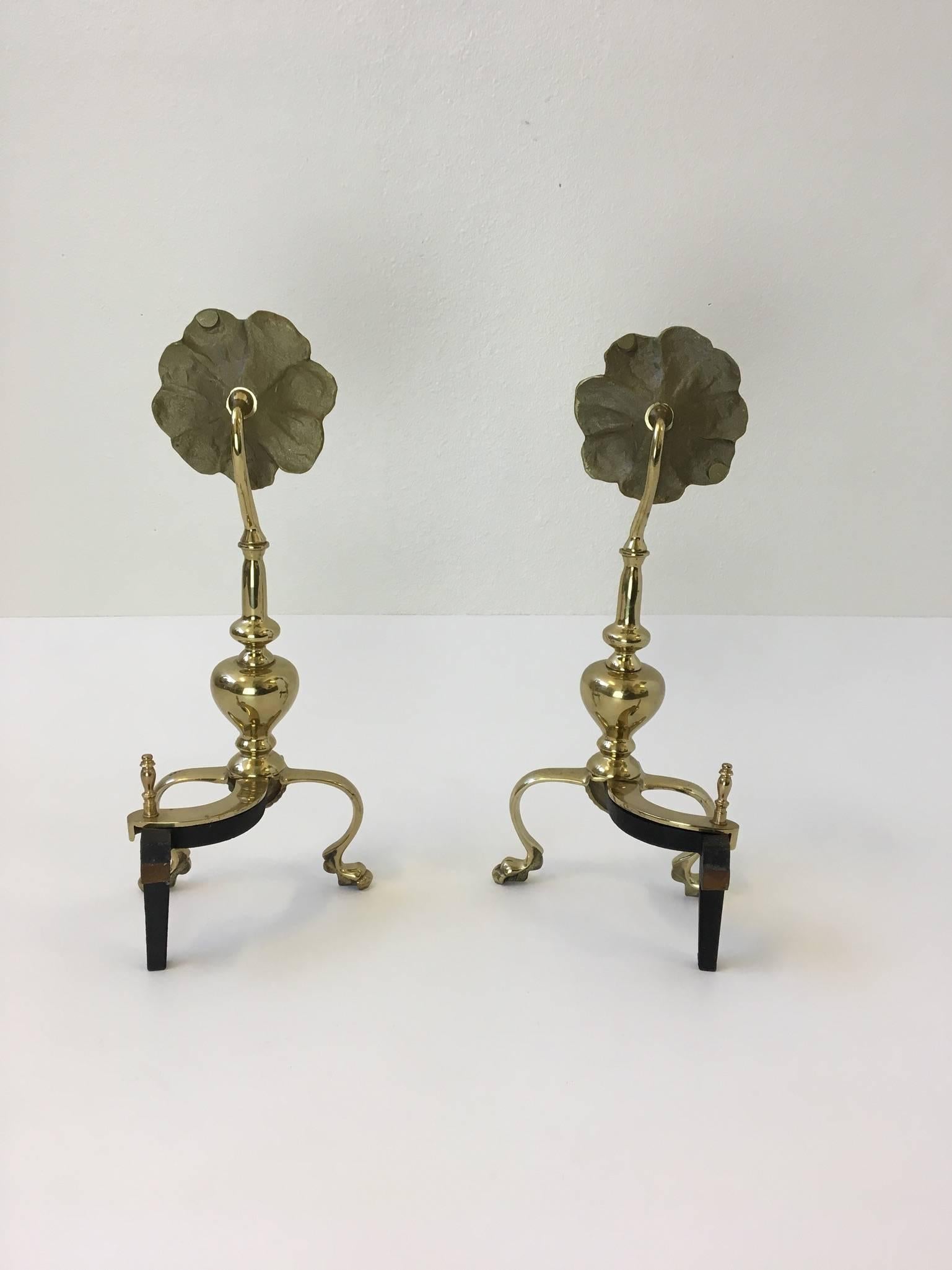 Pair of Polished Brass Flower Andirons In Excellent Condition In Palm Springs, CA