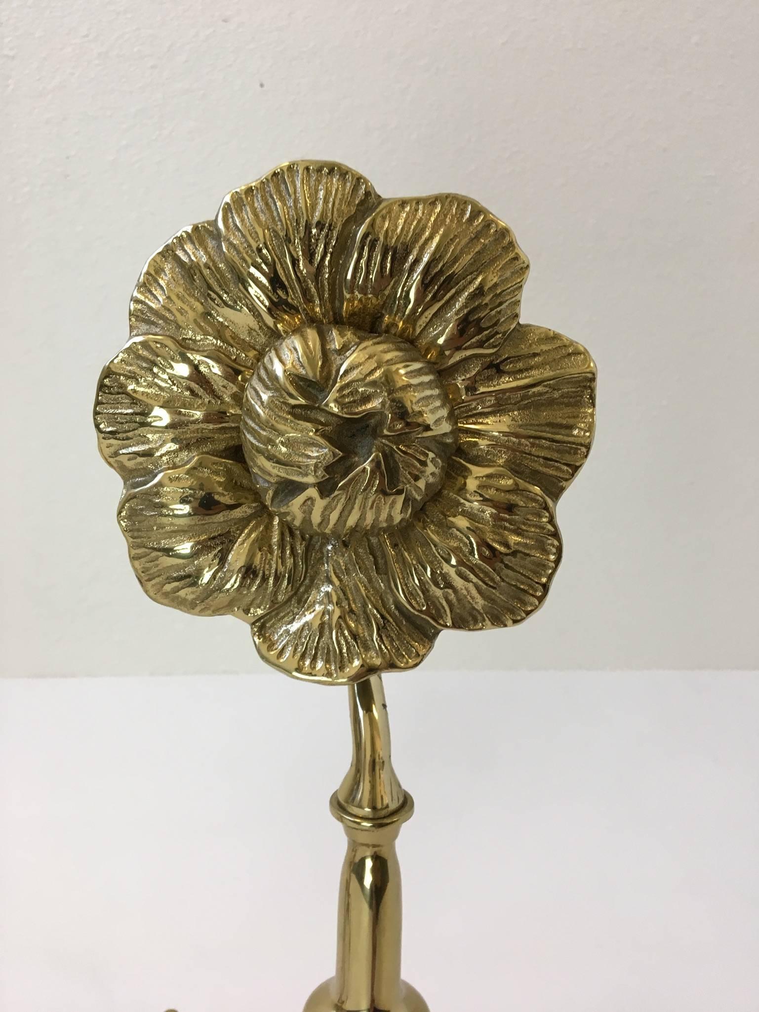 Late 20th Century Pair of Polished Brass Flower Andirons