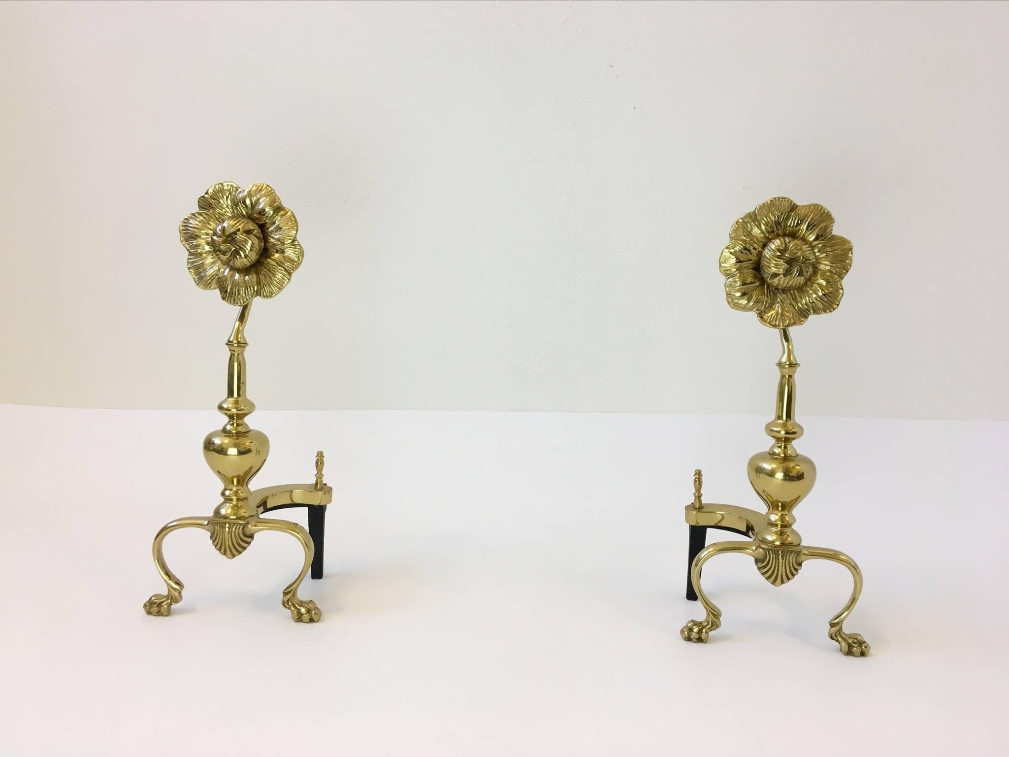 Pair of Polished Brass Flower Andirons 1
