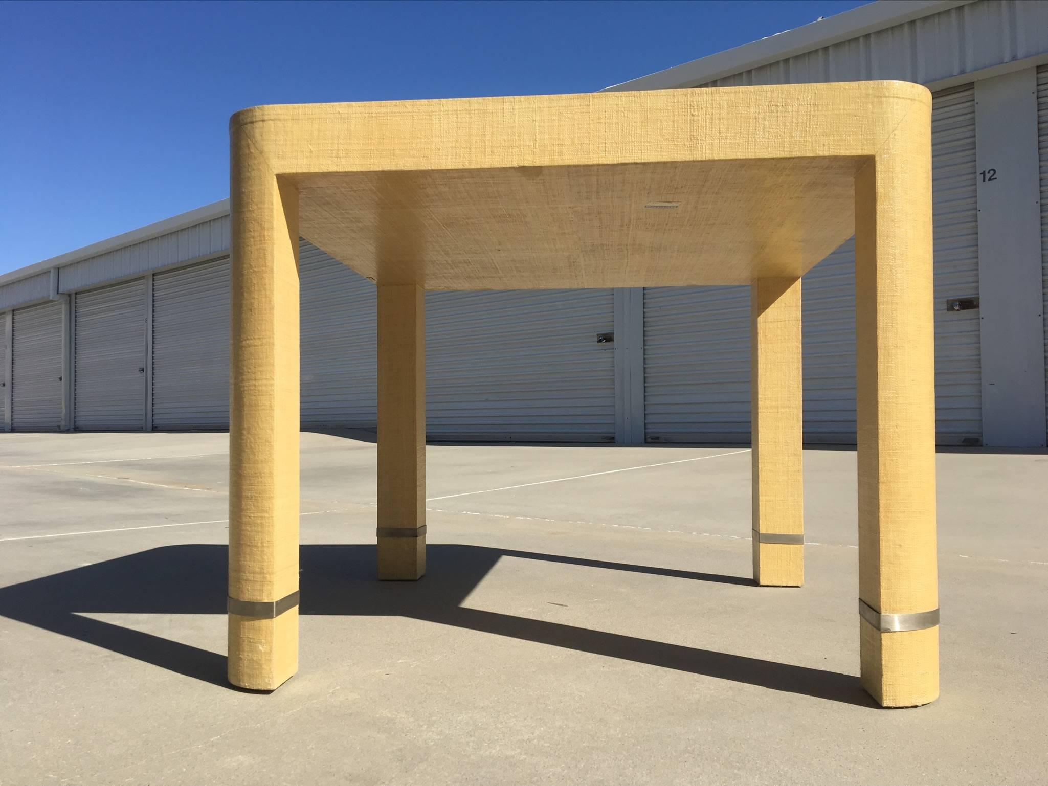 Lacquered Grasscloth and Brushed Stainless Steel Game Table by The Rudolph Collection