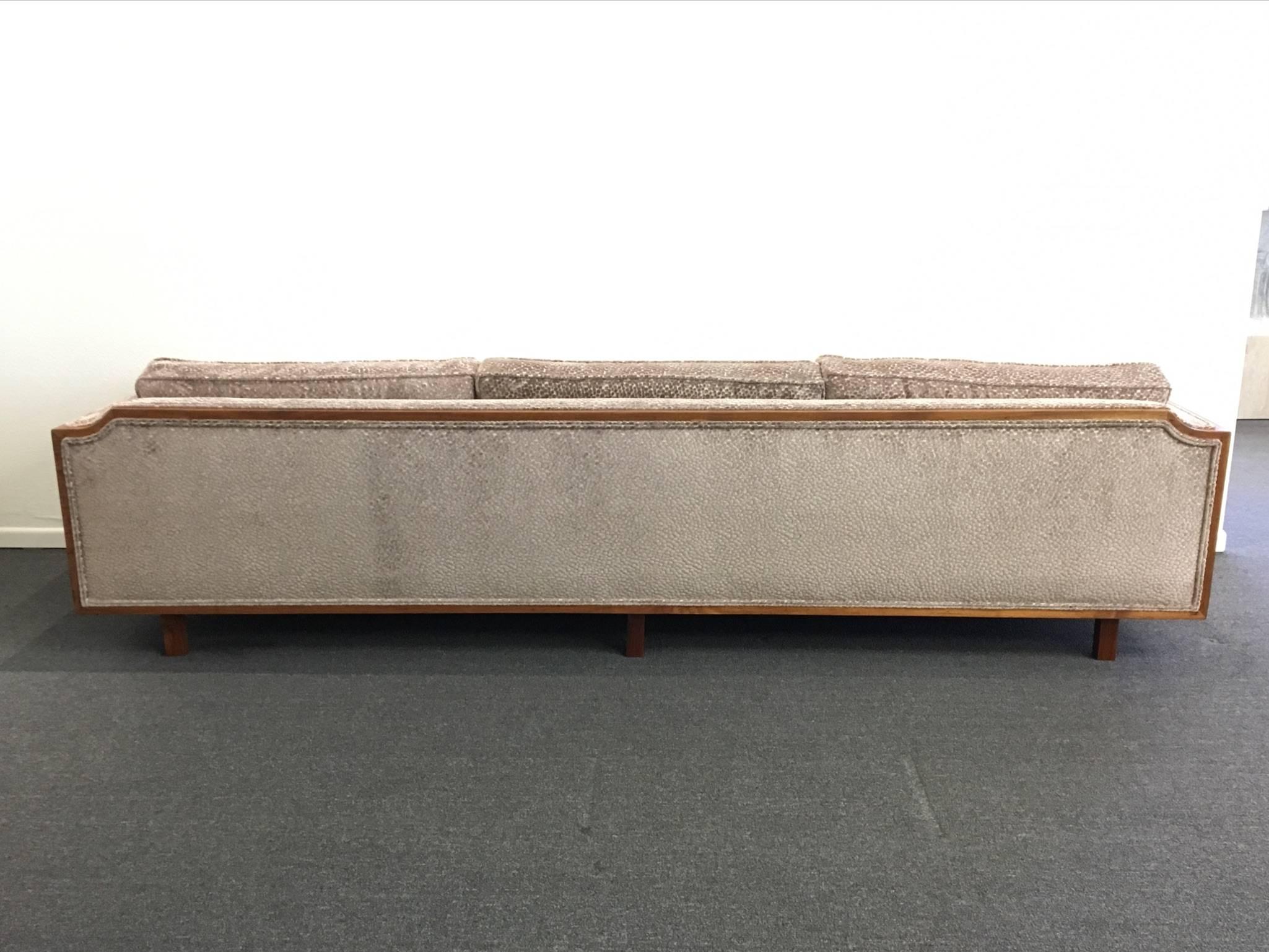 Mid-Century Modern Long Low Profile Dark Walnut Framed Sofa