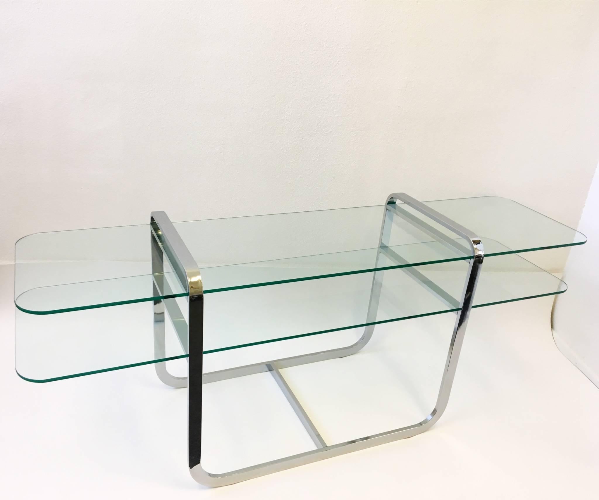American Chrome and Glass Console Table and Pair of Ottomans by DIA