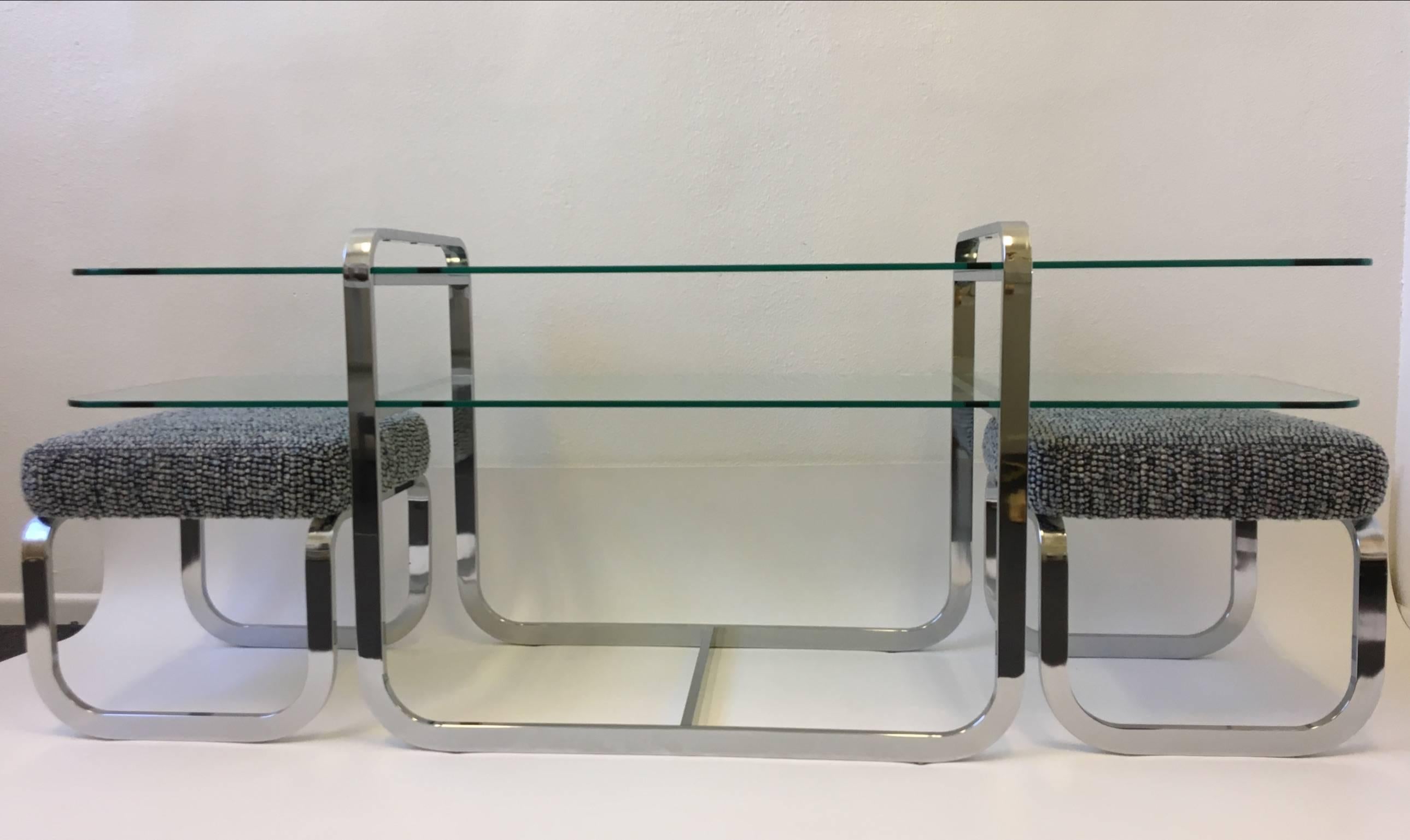 Chrome and Glass Console Table and Pair of Ottomans by DIA 3