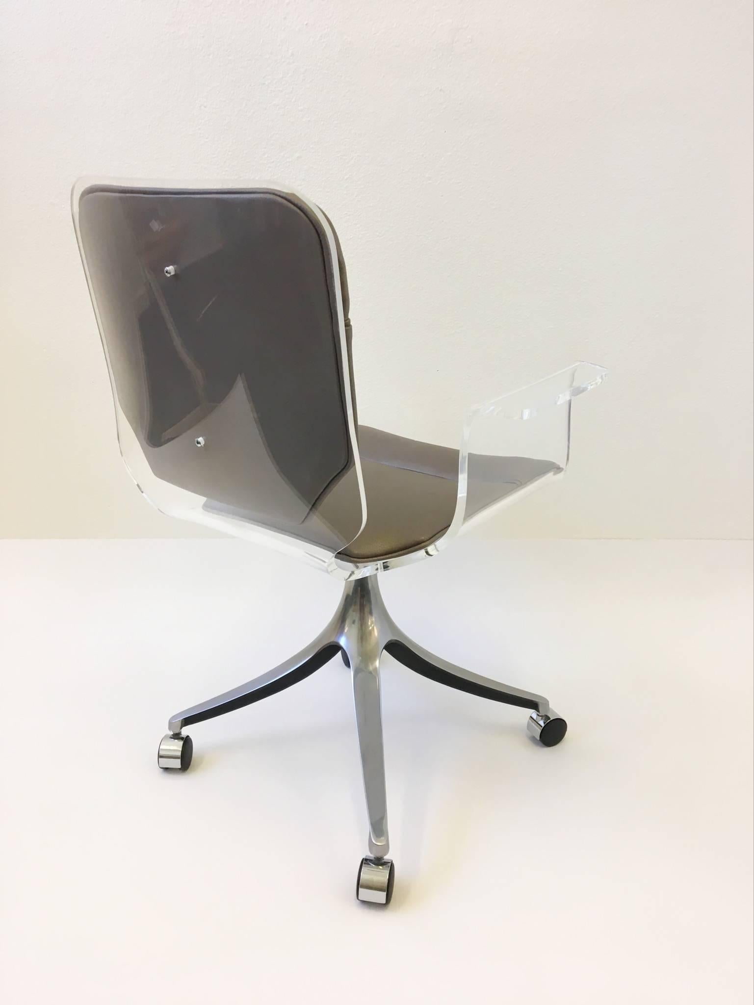 Mid-Century Modern Acrylic and Leather Swivel Desk Chair on Casters by Hill Manufacturing Co.