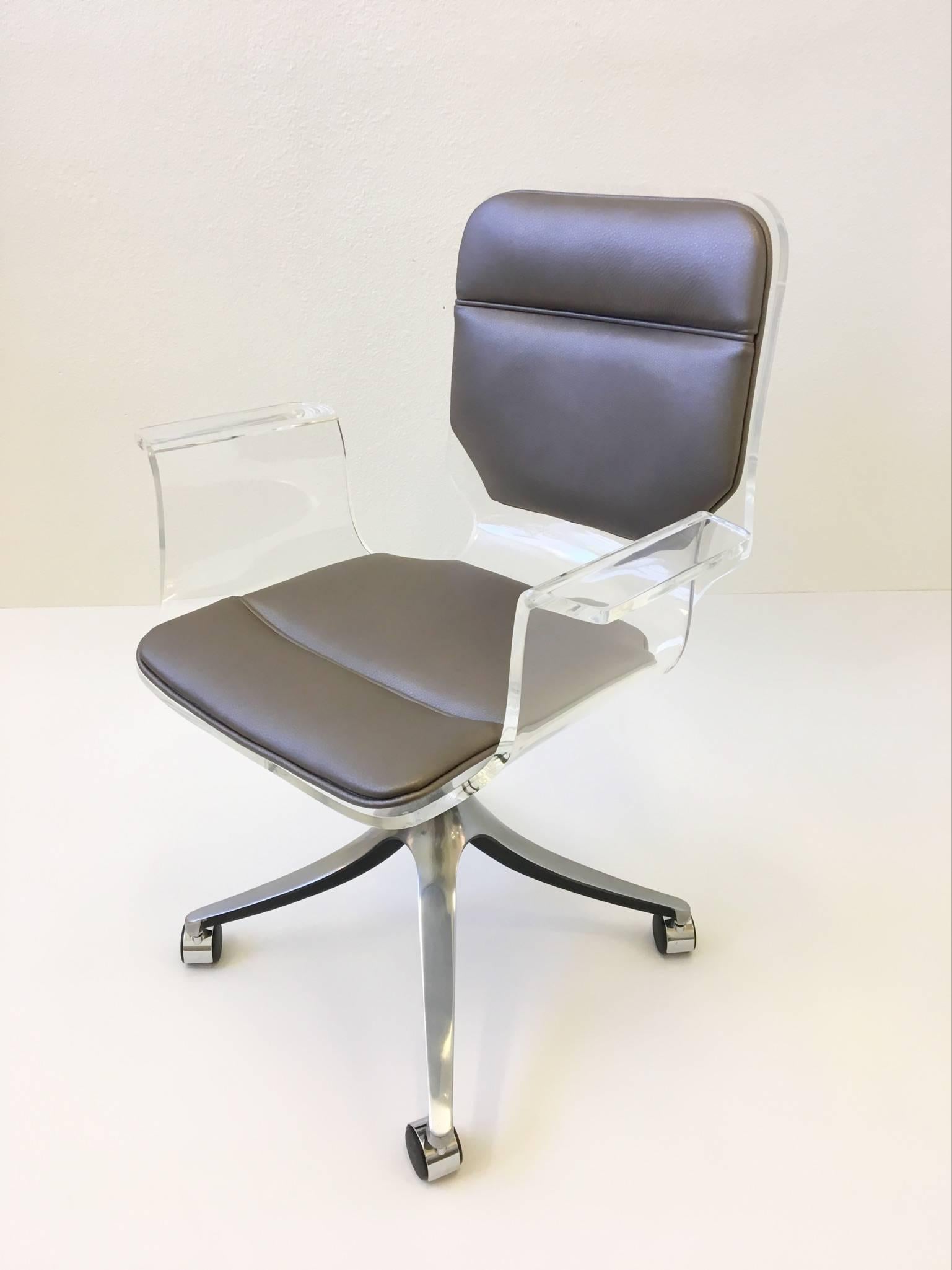Late 20th Century Acrylic and Leather Swivel Desk Chair on Casters by Hill Manufacturing Co.