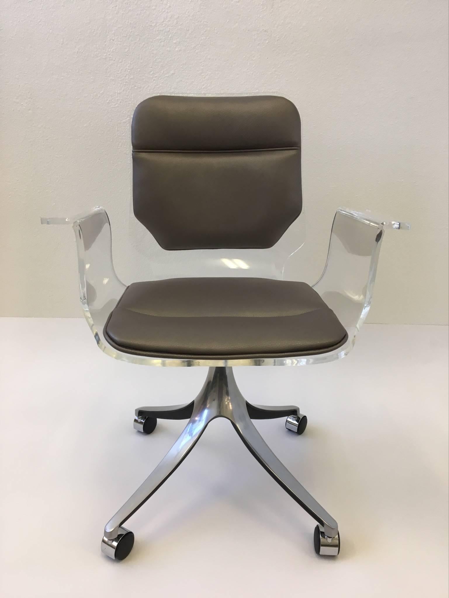 Aluminum Acrylic and Leather Swivel Desk Chair on Casters by Hill Manufacturing Co.