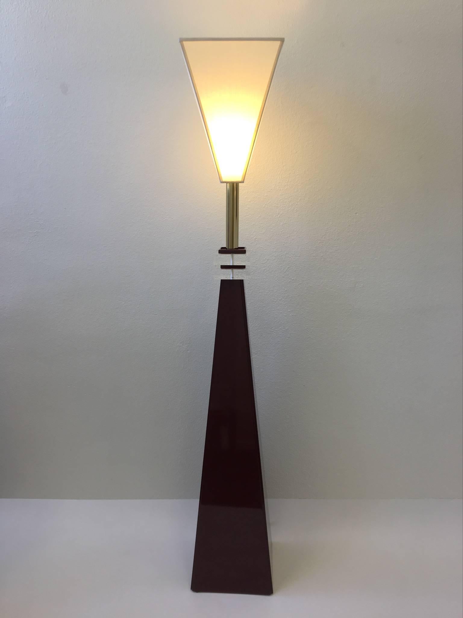 English Sculptural Burgundy Lacquer and Brass with Acrylic Detail by London Lamps