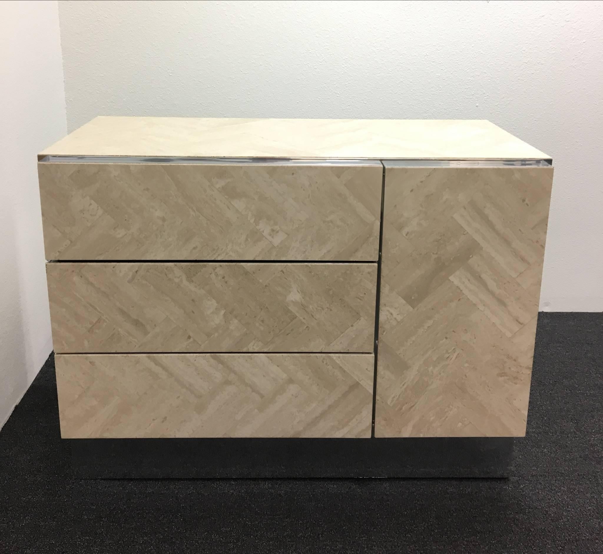Travertine and Chrome Cabinet by Ello In Excellent Condition In Palm Springs, CA
