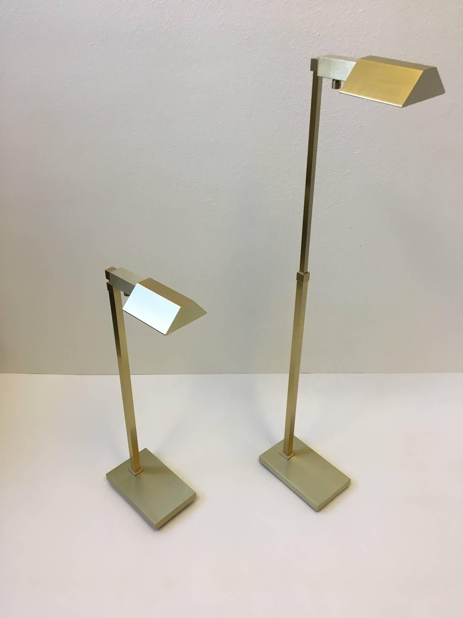 American Pair of Adjustable Brushed Brass Floor Lamps by Casella