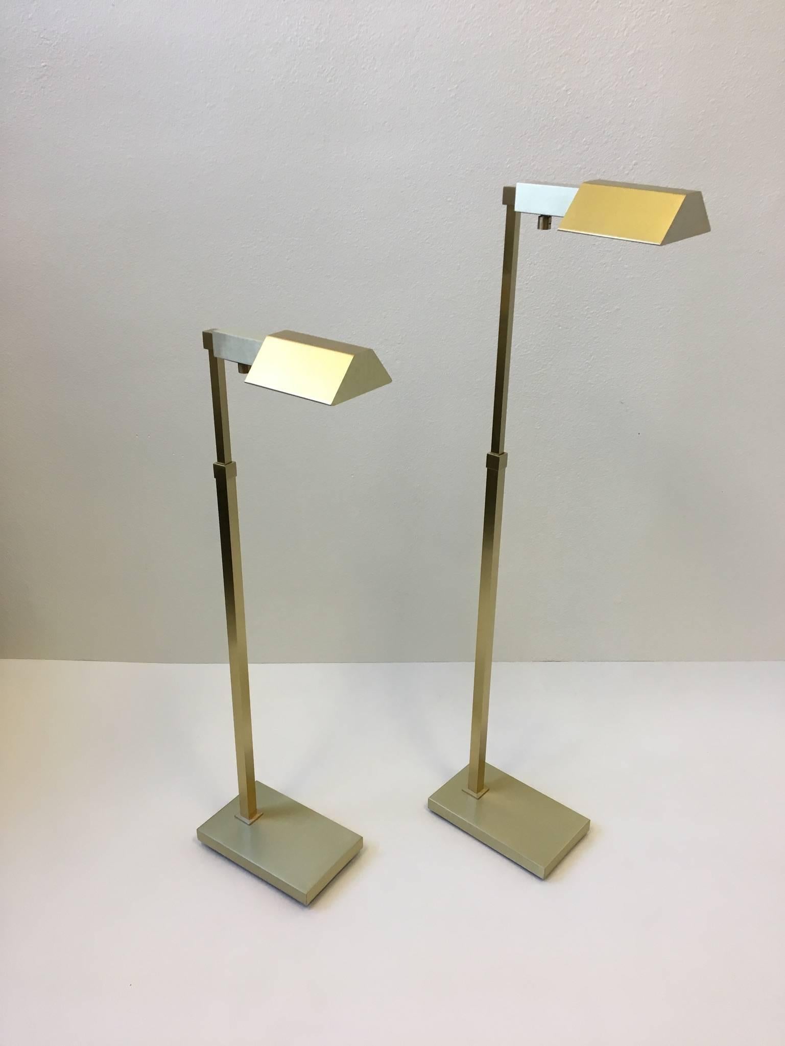 Pair of Adjustable Brushed Brass Floor Lamps by Casella 2