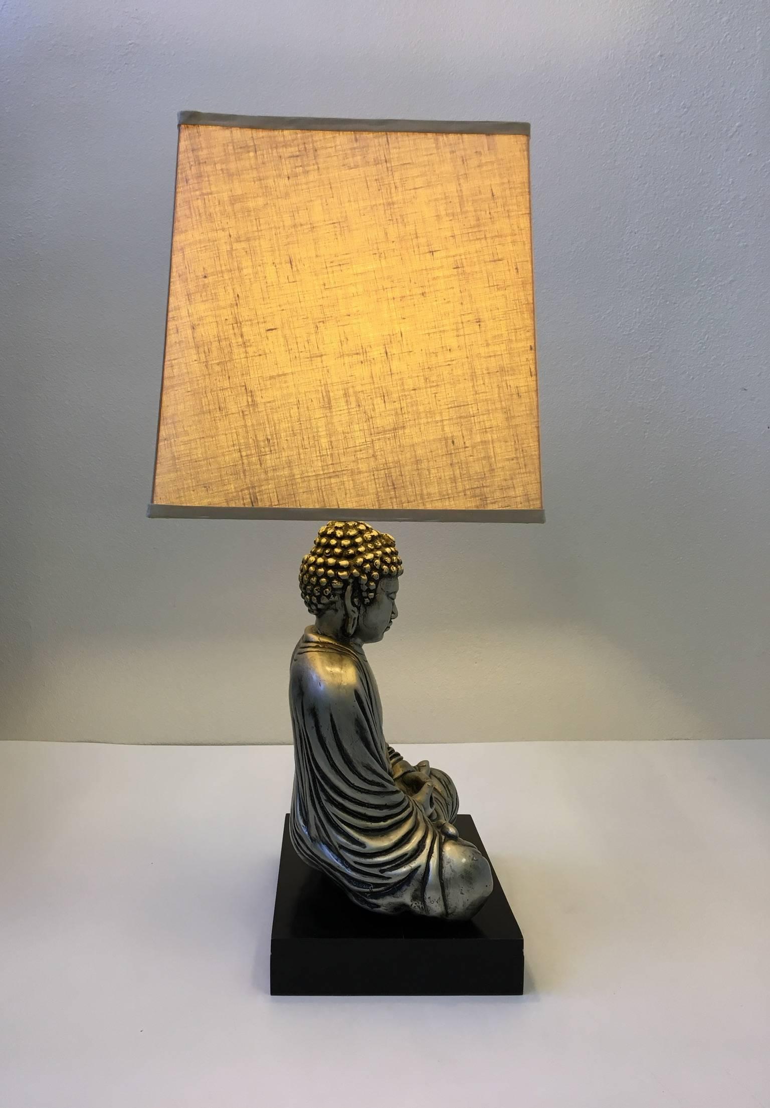 Mid-Century Modern Silver and Black Lacquered Buddha Table Lamp in the Style of James Mont