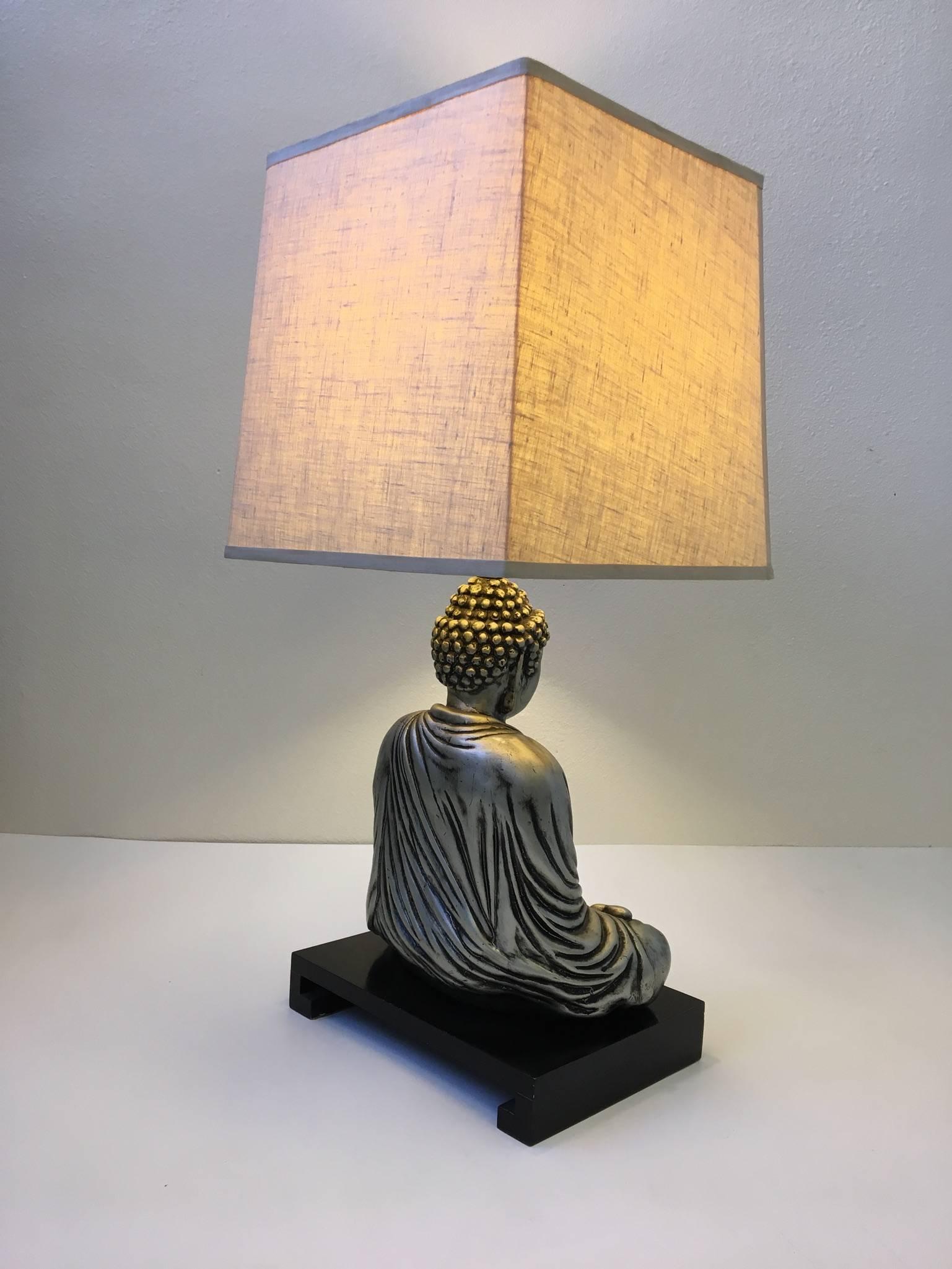 American Silver and Black Lacquered Buddha Table Lamp in the Style of James Mont