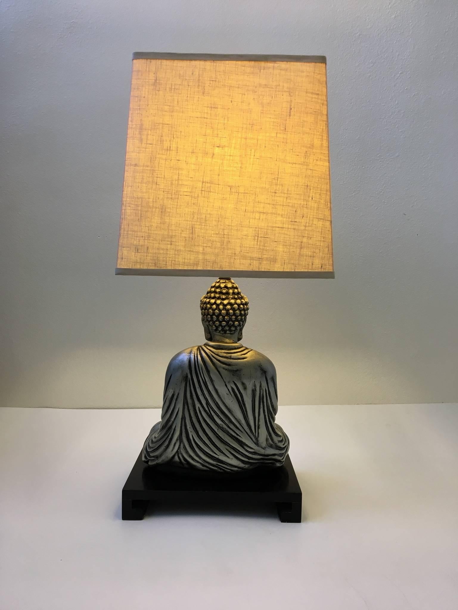 Silver and Black Lacquered Buddha Table Lamp in the Style of James Mont In Excellent Condition In Palm Springs, CA