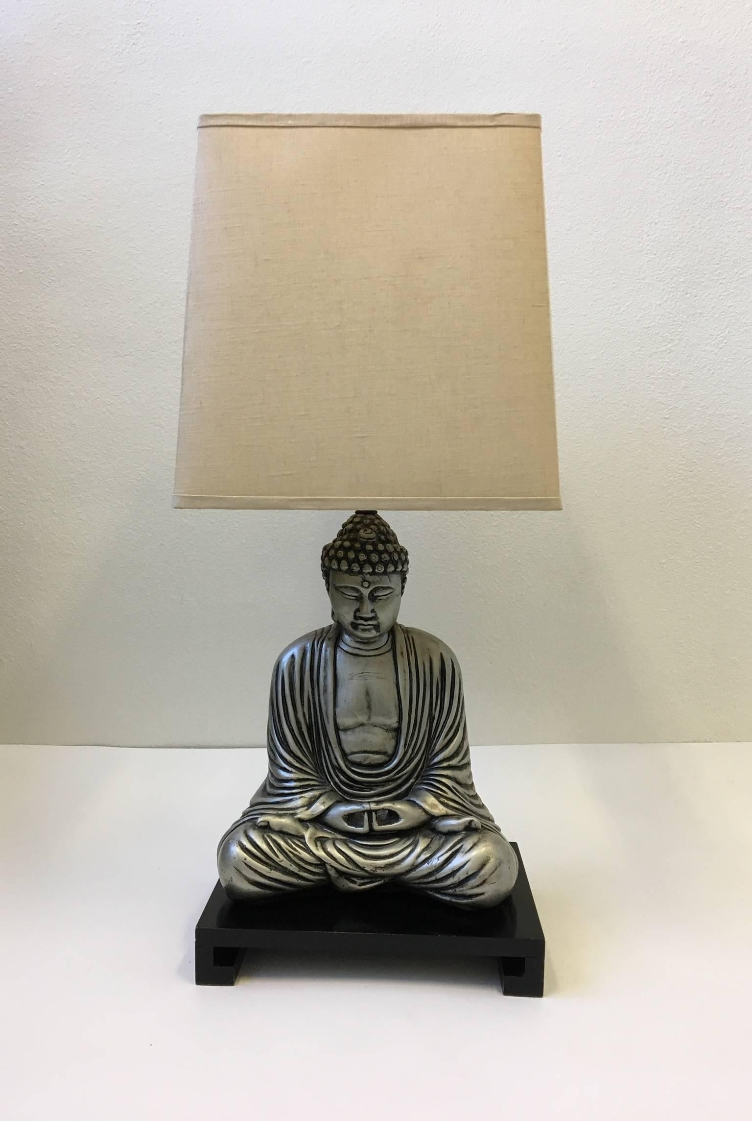 Mid-20th Century Silver and Black Lacquered Buddha Table Lamp in the Style of James Mont