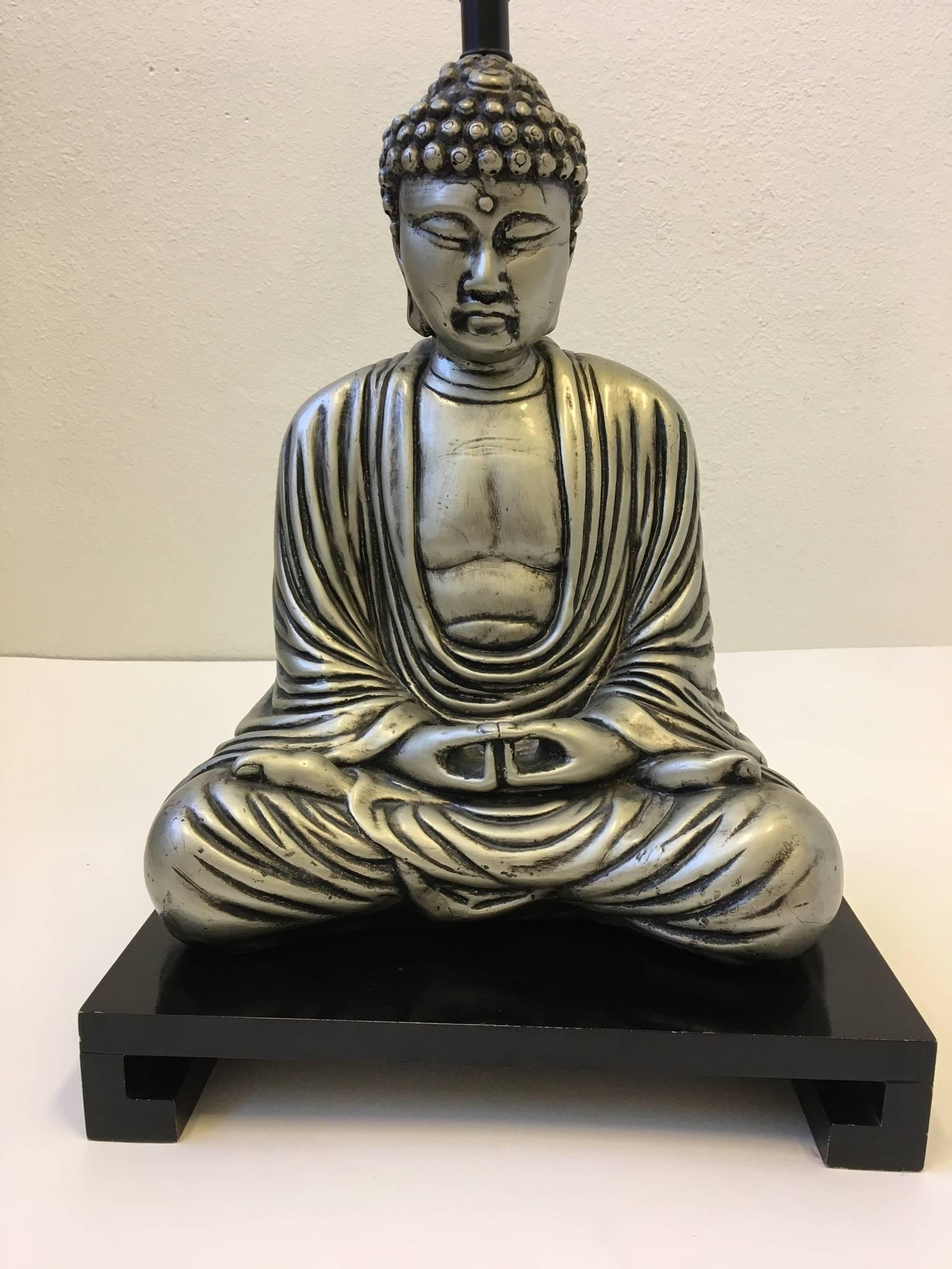 Silver and Black Lacquered Buddha Table Lamp in the Style of James Mont 1