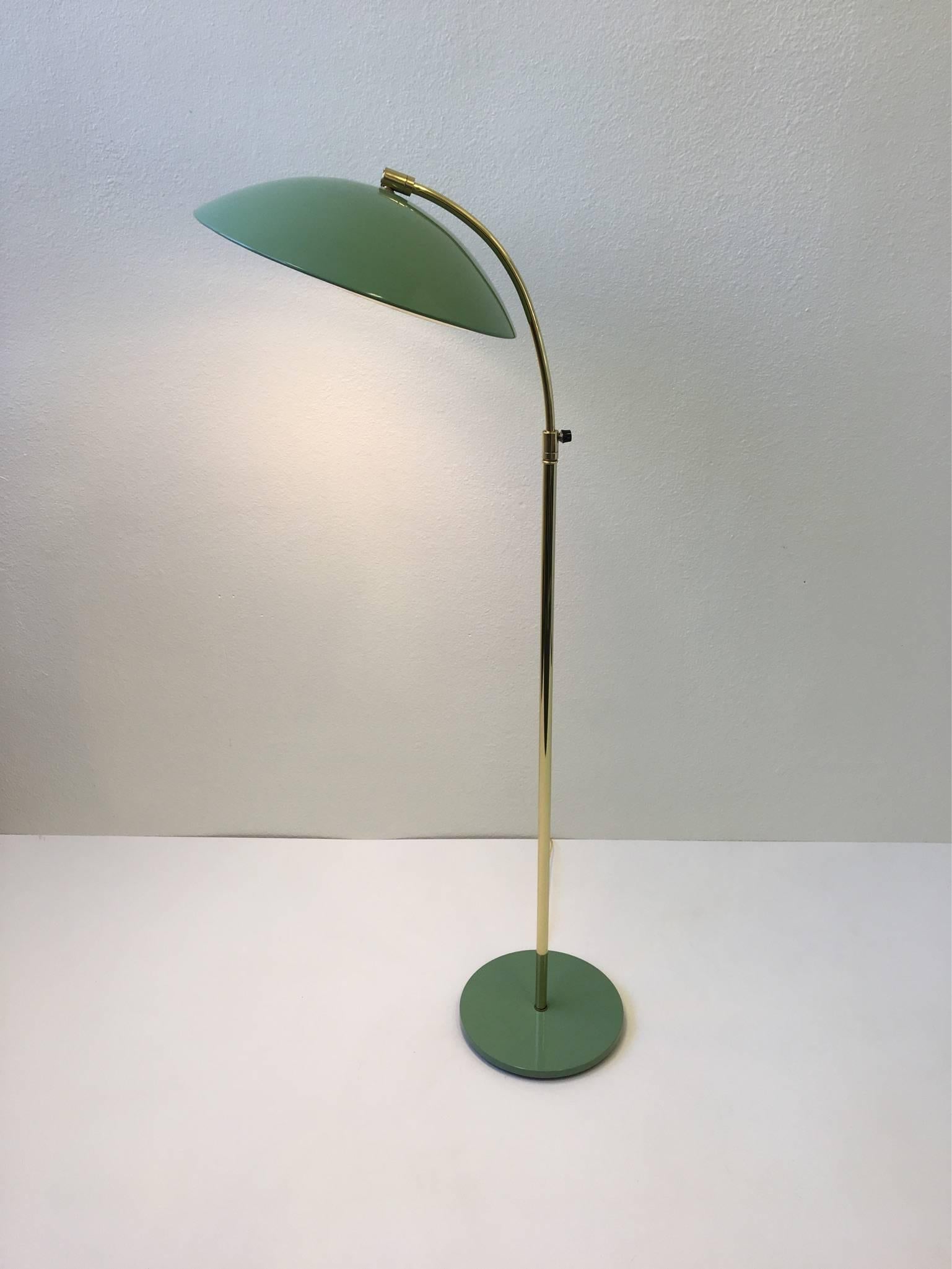 American Brass and Lacquered Fern Green Adjustable Floor Lamp by Kurt Versen