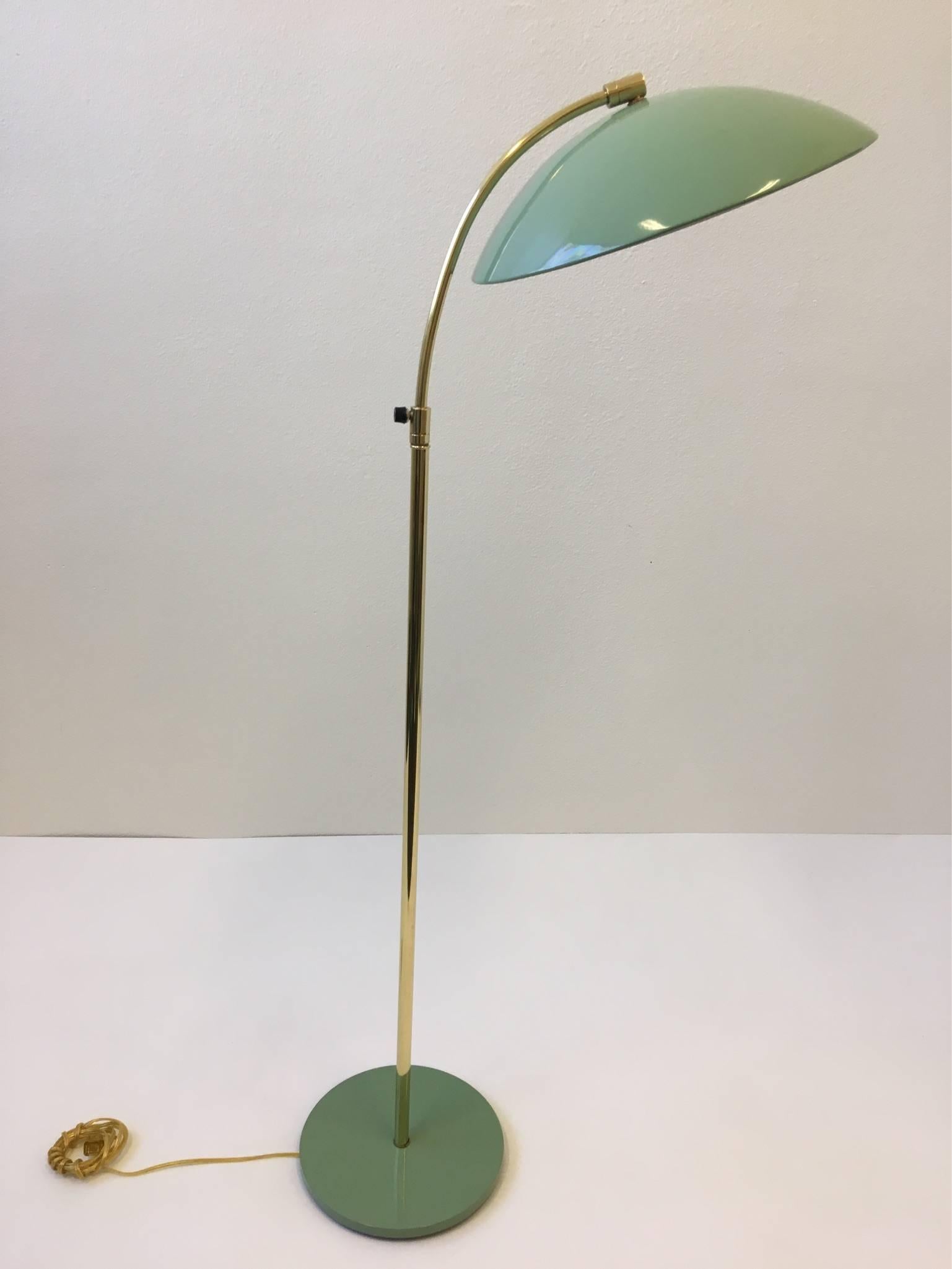 Brass and Lacquered Fern Green Adjustable Floor Lamp by Kurt Versen 3