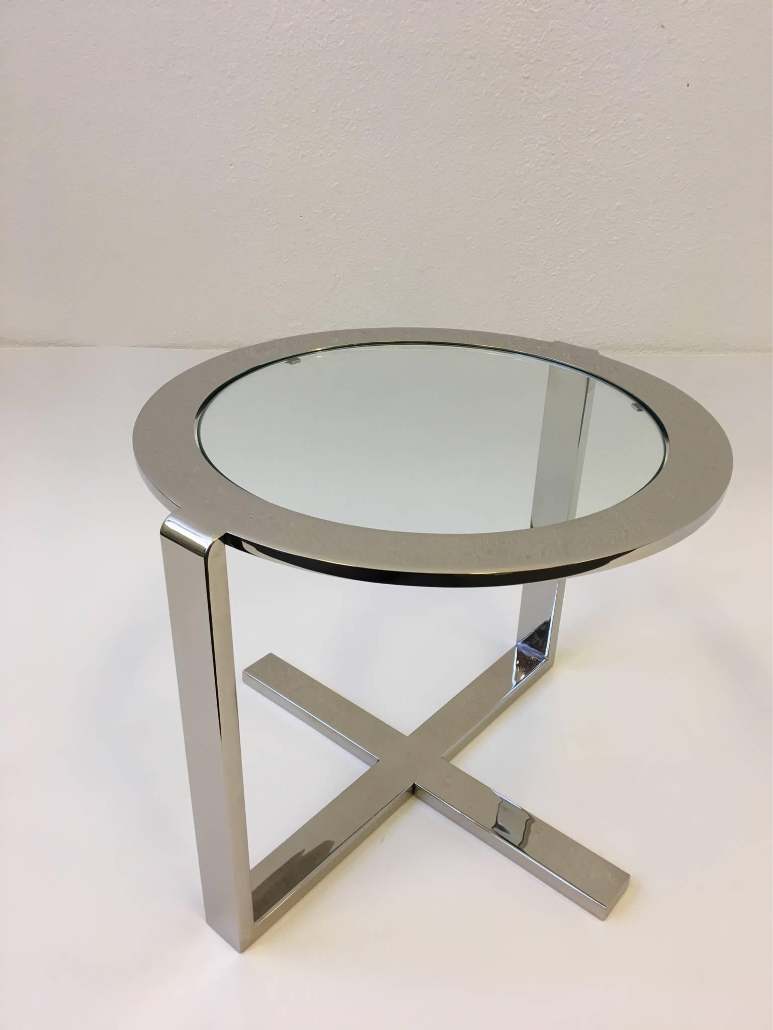 Polished Nickel and Glass Side Table In Excellent Condition In Palm Springs, CA