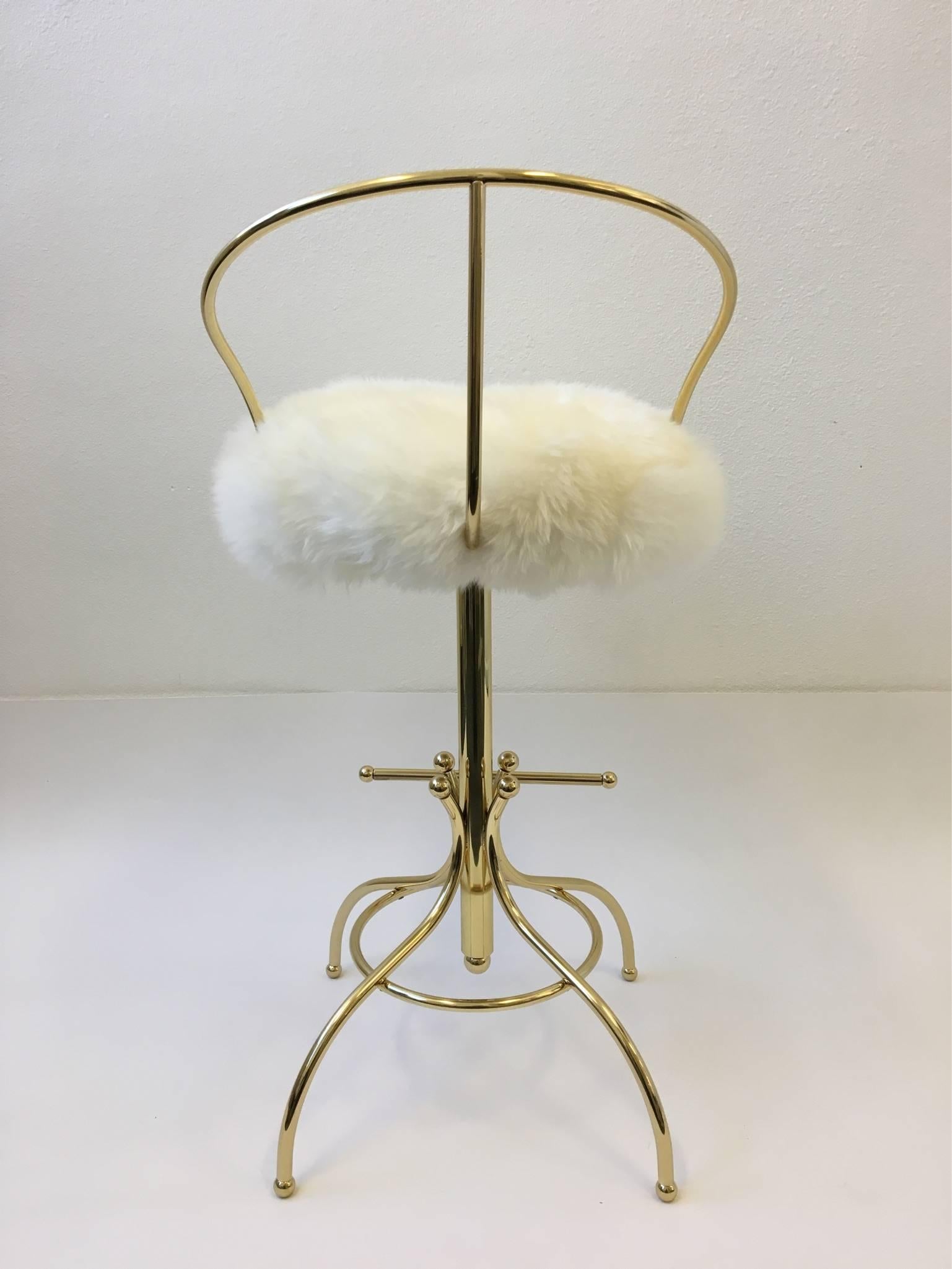 Brass and Sheepskin Sammy Davis Swivel Bar Stool by Charles Hollis Jones In Excellent Condition In Palm Springs, CA