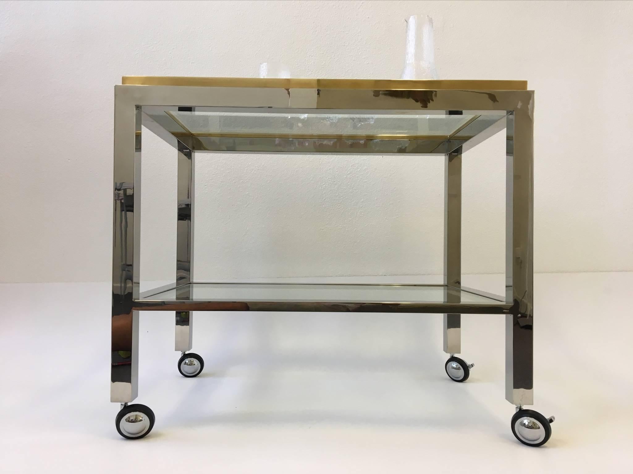 Chrome and Brass Bar Cart by Renato Zevi In Excellent Condition In Palm Springs, CA