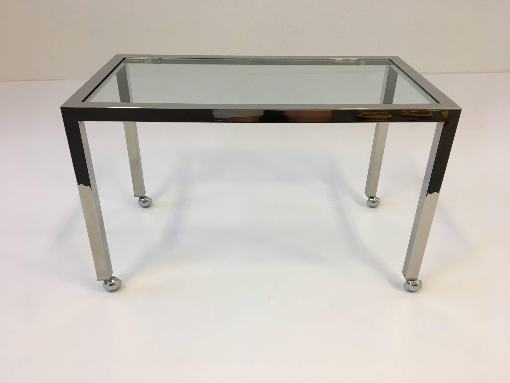 Modern Chrome and Glass on Casters Side Table, style of Milo Baughman