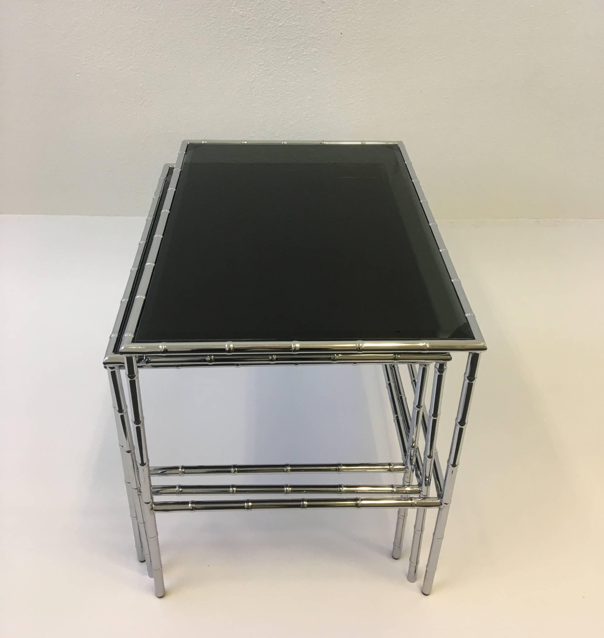 Beveled Set of Three Chrome and Smoked Glass Faux Bamboo Nesting Tables For Sale