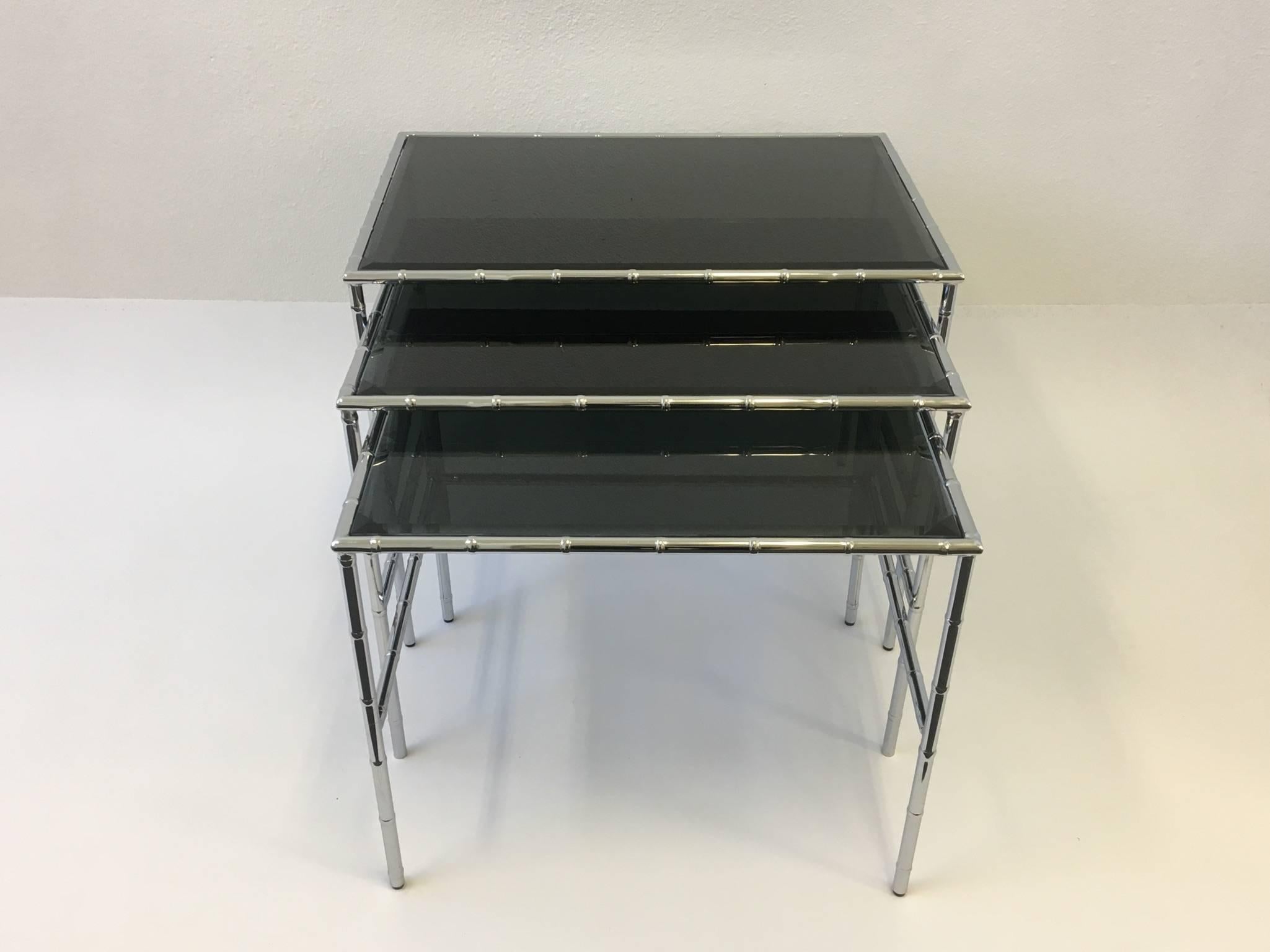 Set of Three Chrome and Smoked Glass Faux Bamboo Nesting Tables For Sale 1