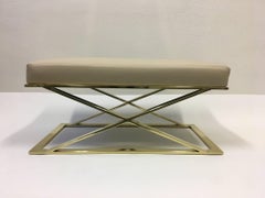 Pair of Brass and Leather X-Base Benchs by Milo Baughman