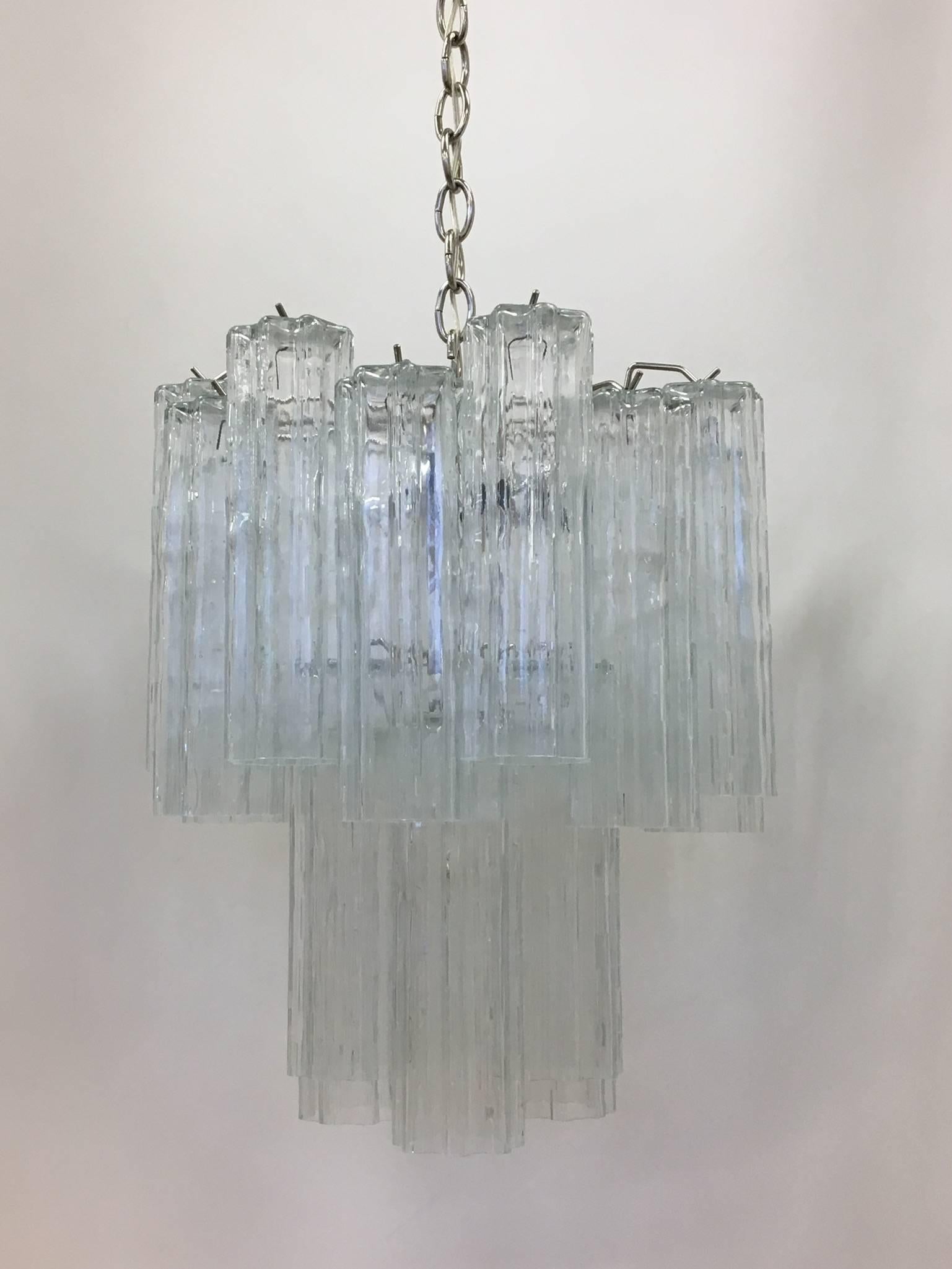 Pair of Italian Glass and Chrome Chandeliers by Venini 2